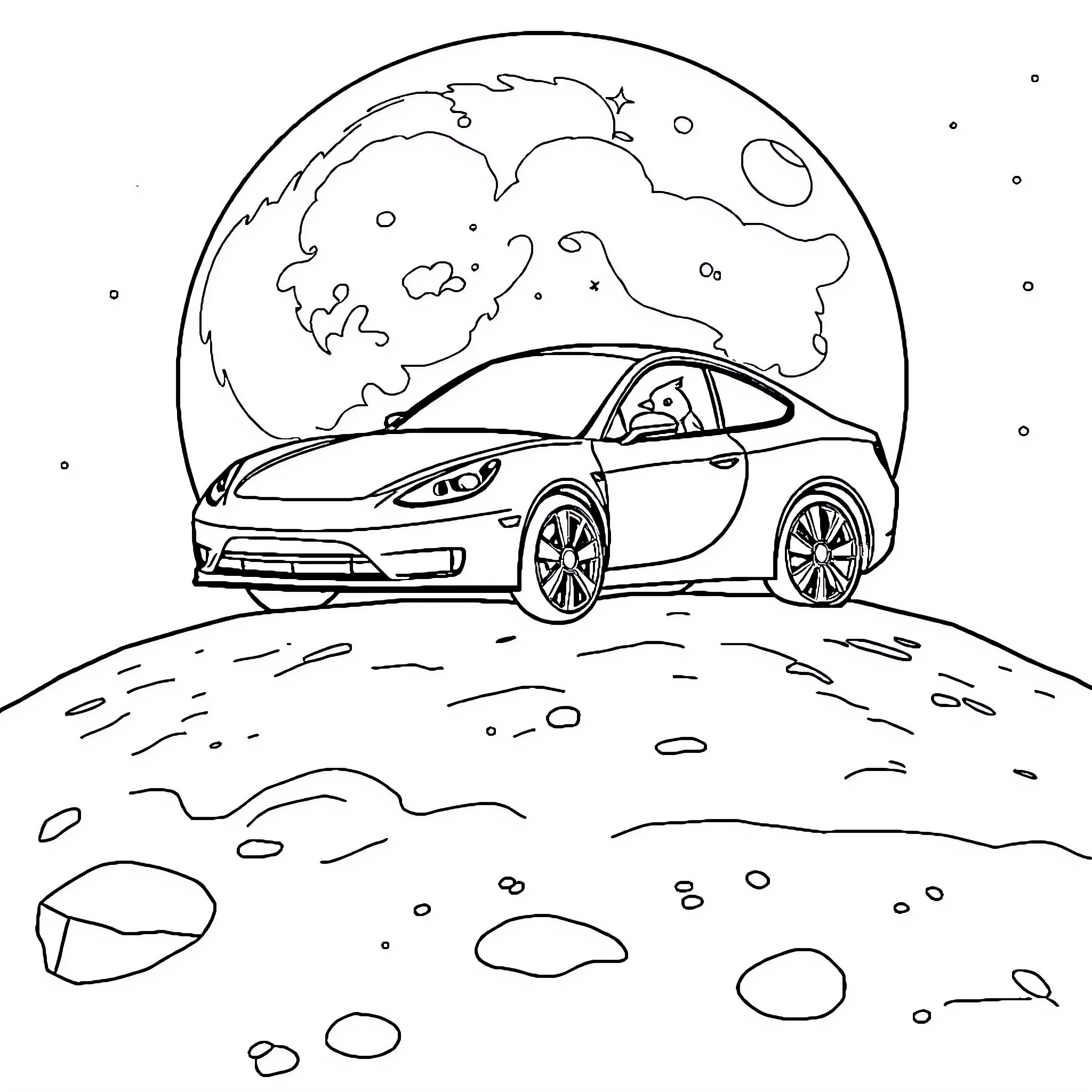 Car driving under the night sky Coloring Page (free black-and-white line drawing printable PDF for all, from beginners to advanced learners, including children, teens, adults, and seniors)