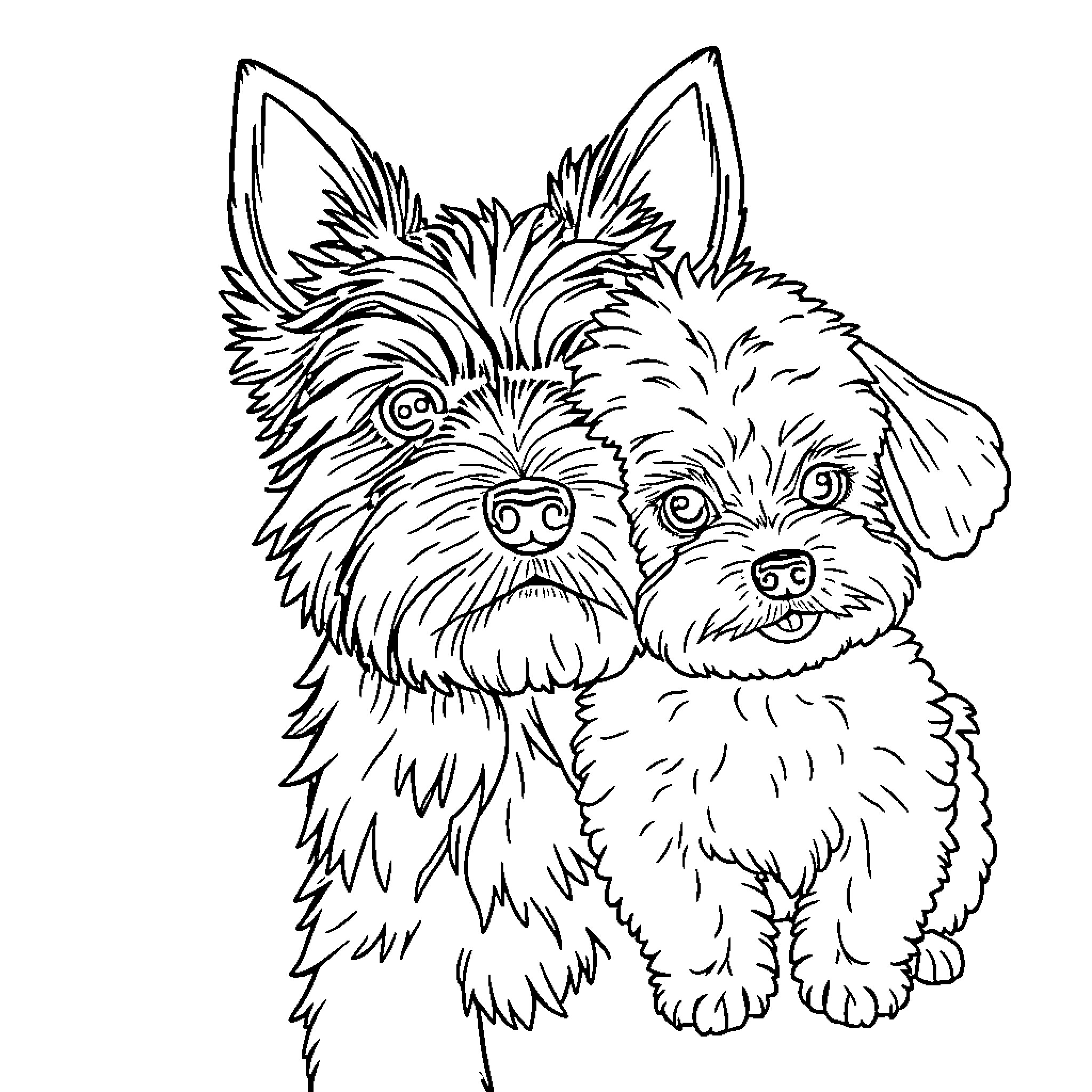 Dog friends playing together Coloring Page (free black-and-white line drawing printable PDF for all, from beginners to advanced learners, including children, teens, adults, and seniors)