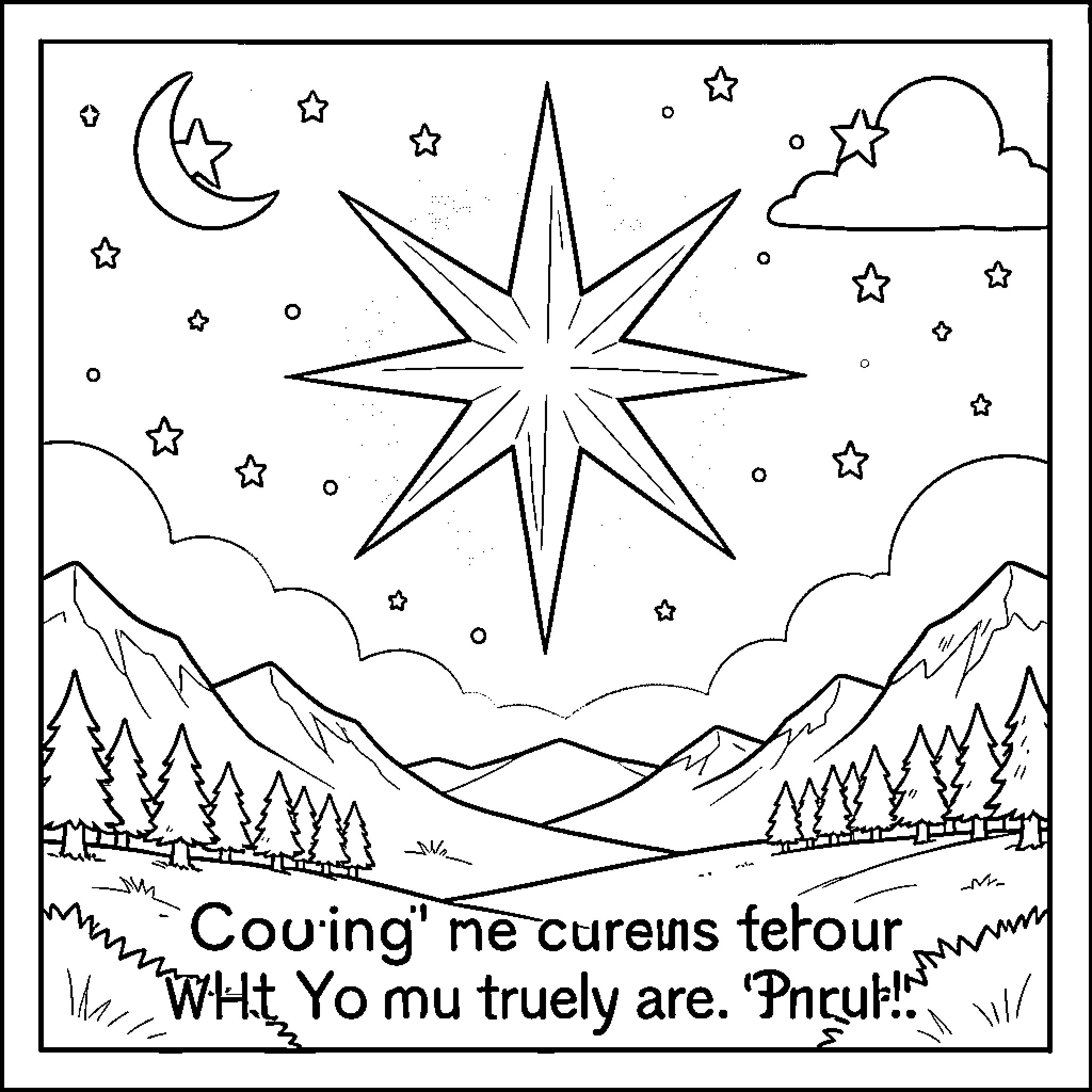 Star-filled winter landscape with bright celestial star Coloring Page (free black-and-white line drawing printable PDF for all, from beginners to advanced learners, including children, teens, adults, and seniors)