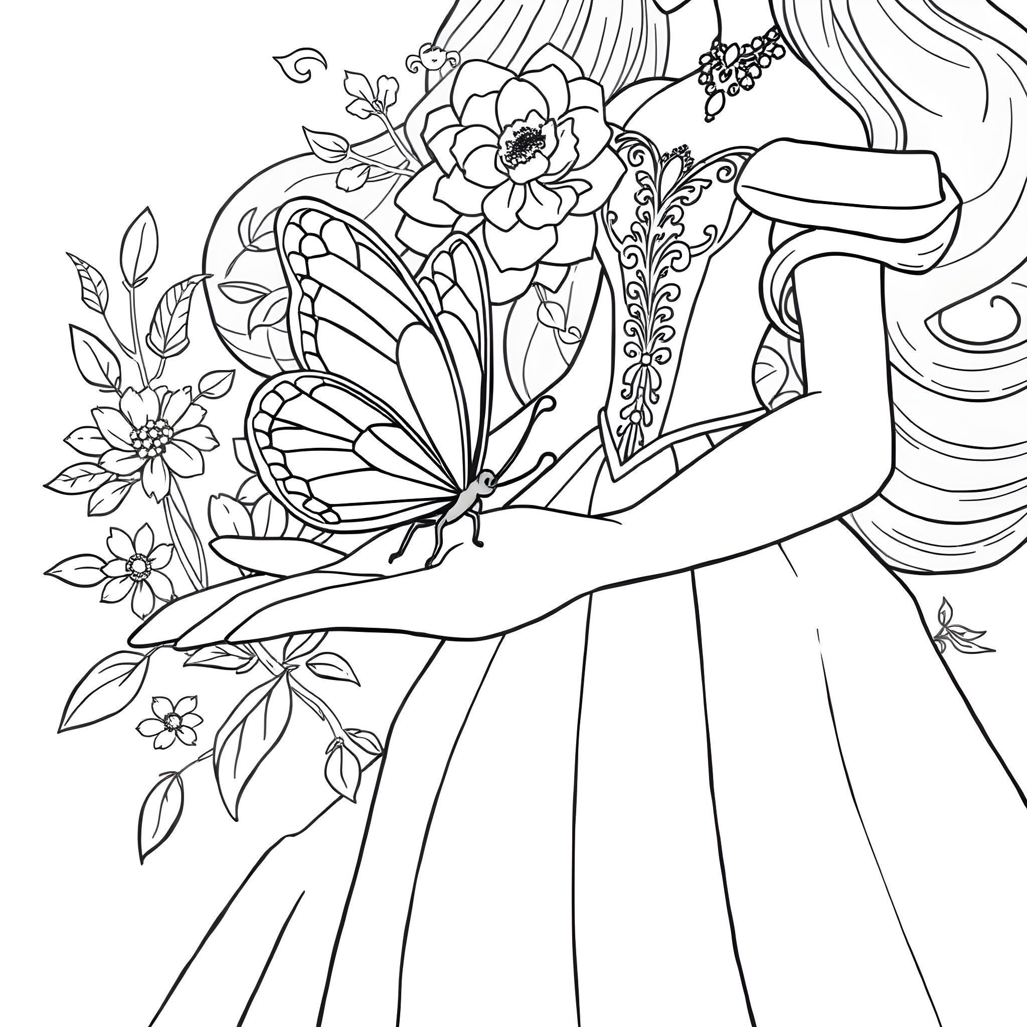 Butterfly-adorned woman with flowing hair and flowers Coloring Page (free black-and-white line drawing printable PDF for all, from beginners to advanced learners, including children, teens, adults, and seniors)