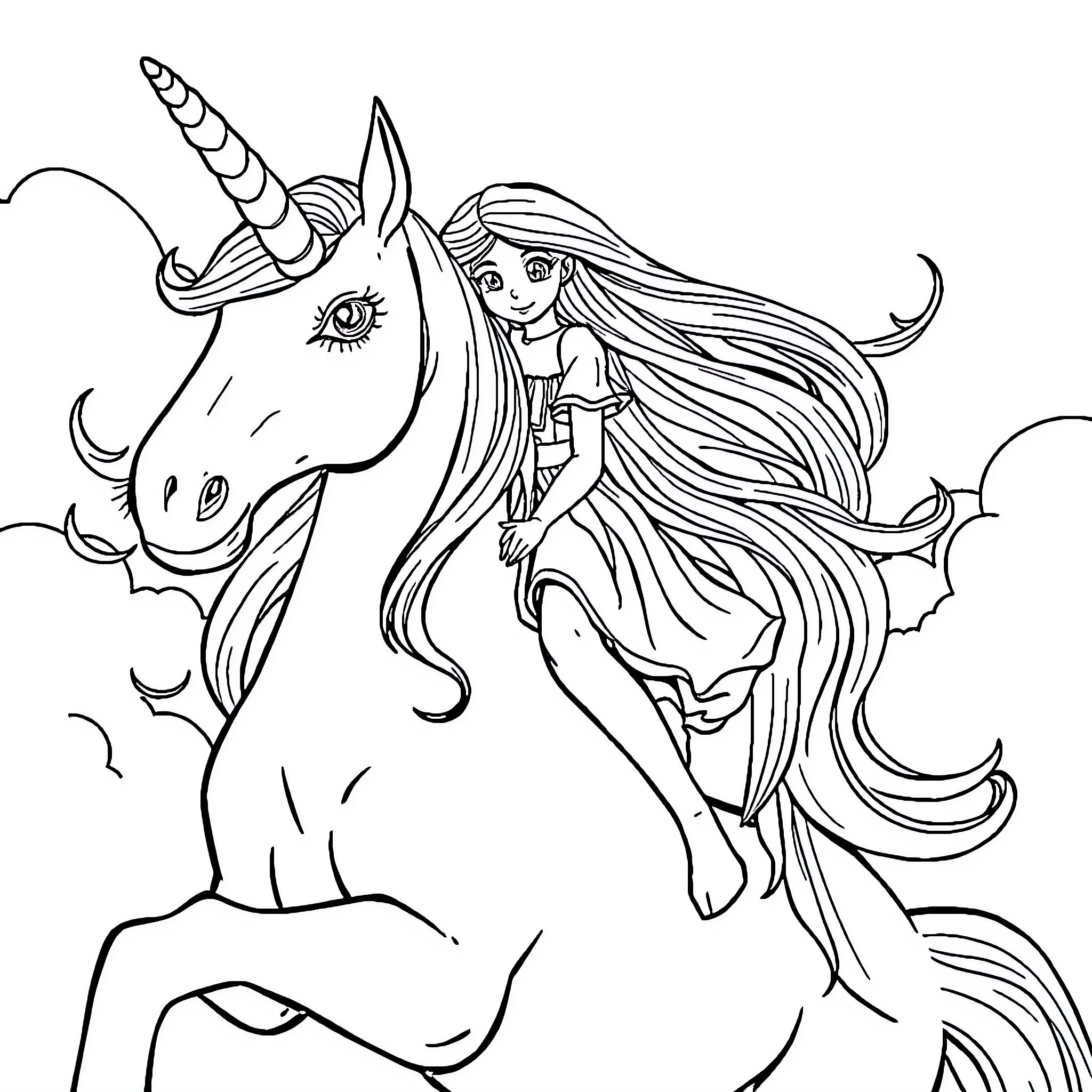 Girl riding on a majestic unicorn Coloring Page (free black-and-white line drawing printable PDF for all, from beginners to advanced learners, including children, teens, adults, and seniors)