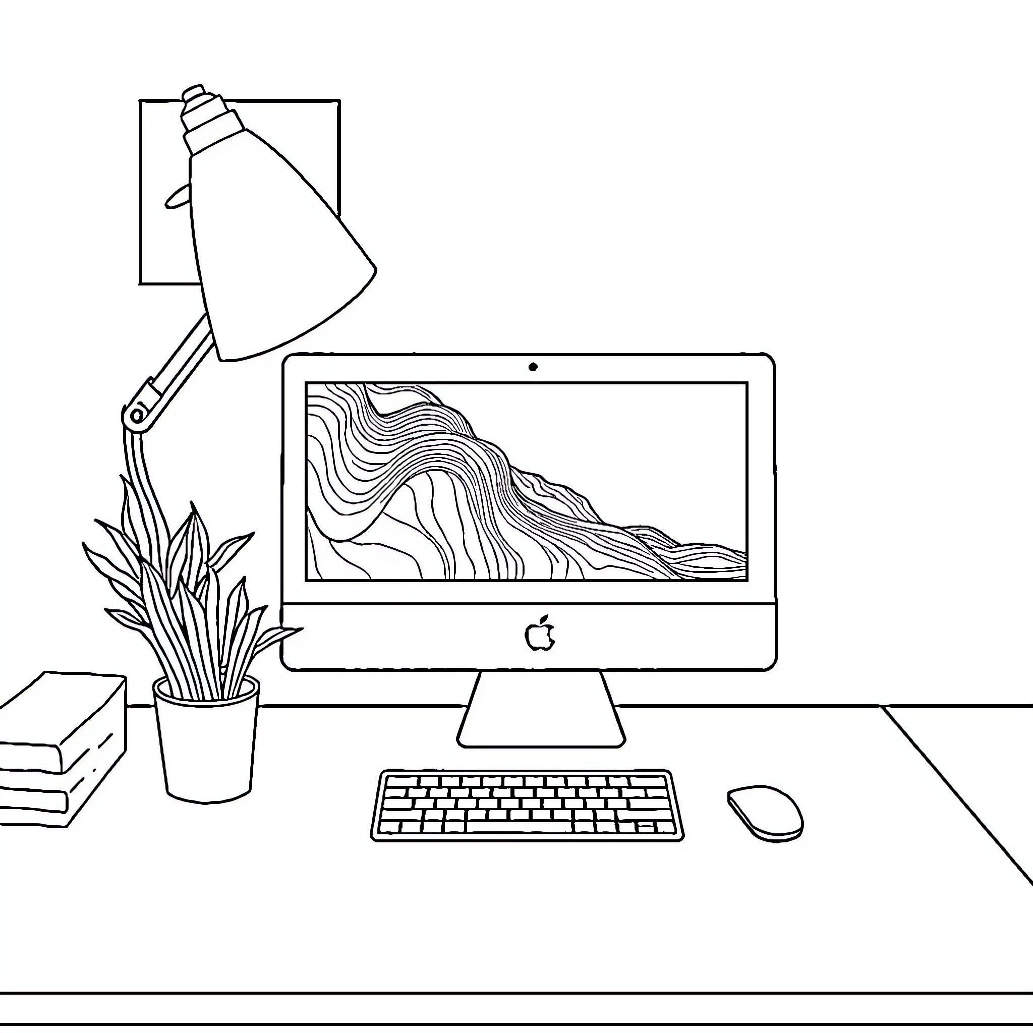 PC Setup with Decorative Desk Accessories Coloring Page (free black-and-white line drawing printable PDF for all, from beginners to advanced learners, including children, teens, adults, and seniors)