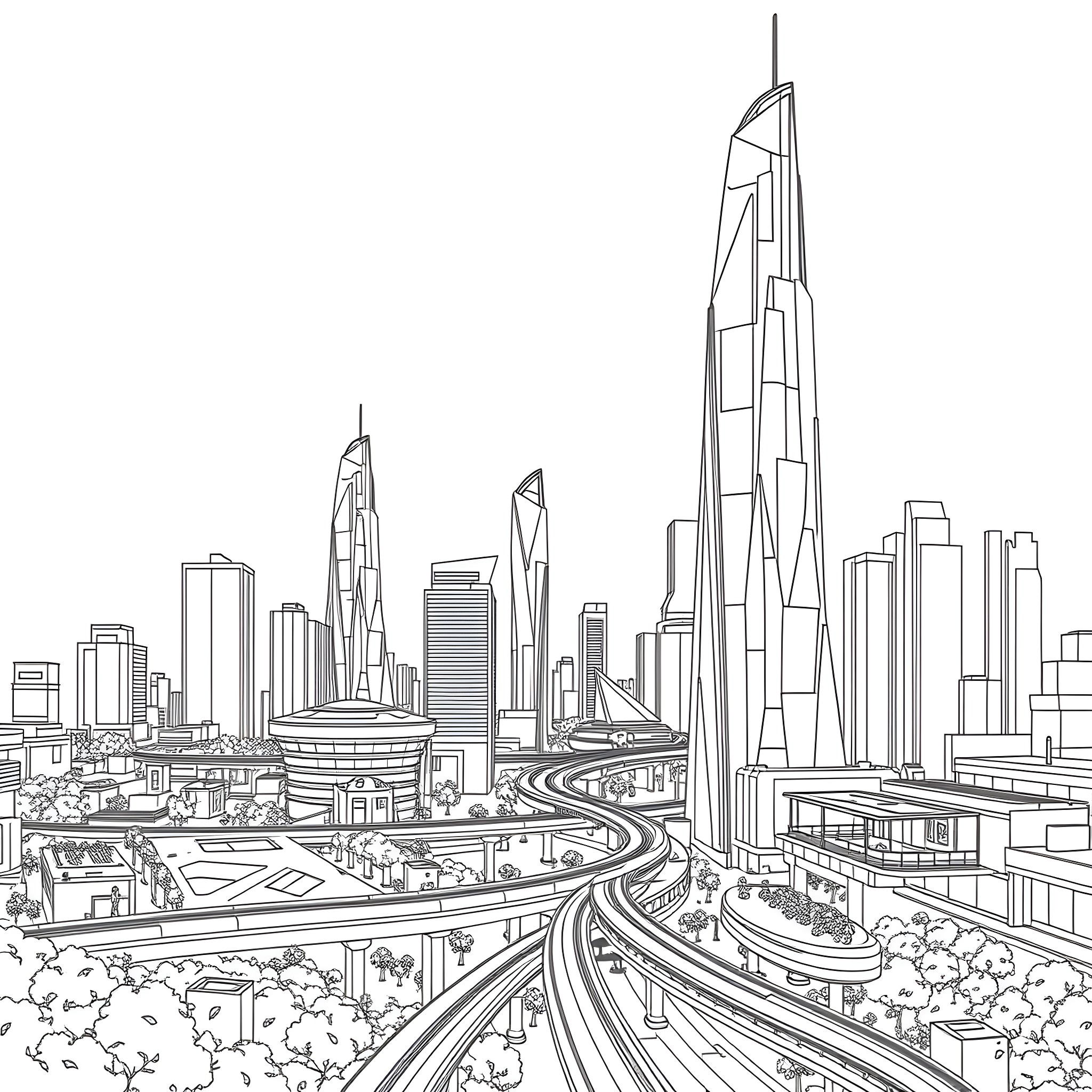 City skyline with towering skyscrapers and winding highways Coloring Page (free black-and-white line drawing printable PDF for all, from beginners to advanced learners, including children, teens, adults, and seniors)