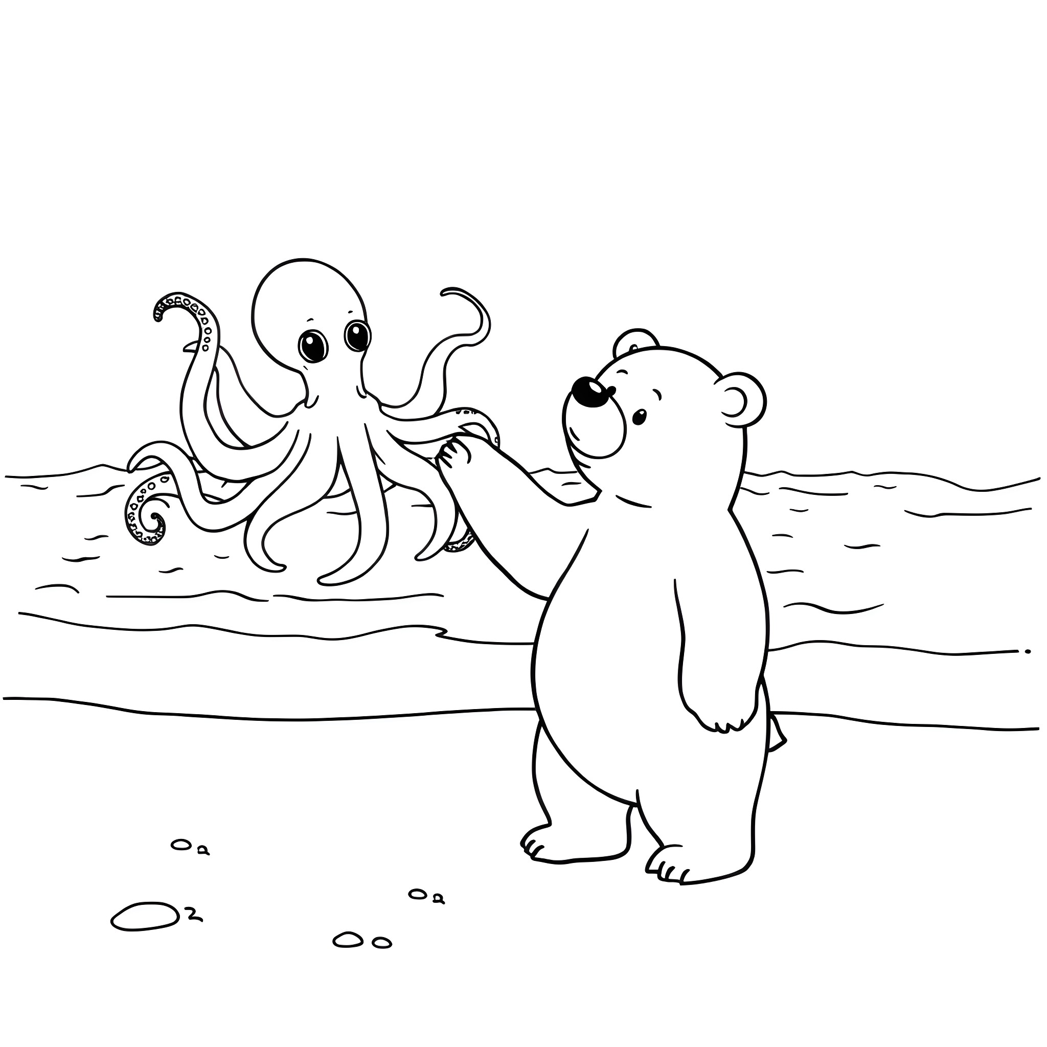 Bear and Octopus Interacting in Ocean Coloring Page (free black-and-white line drawing printable PDF for all, from beginners to advanced learners, including children, teens, adults, and seniors)