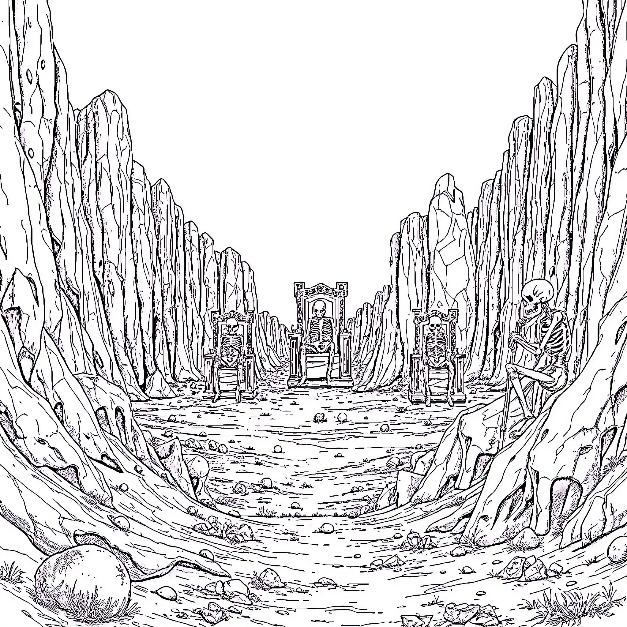 Skeleton warriors guarding ancient ruins in a desolate landscape Coloring Page (free black-and-white line drawing printable PDF for all, from beginners to advanced learners, including children, teens, adults, and seniors)