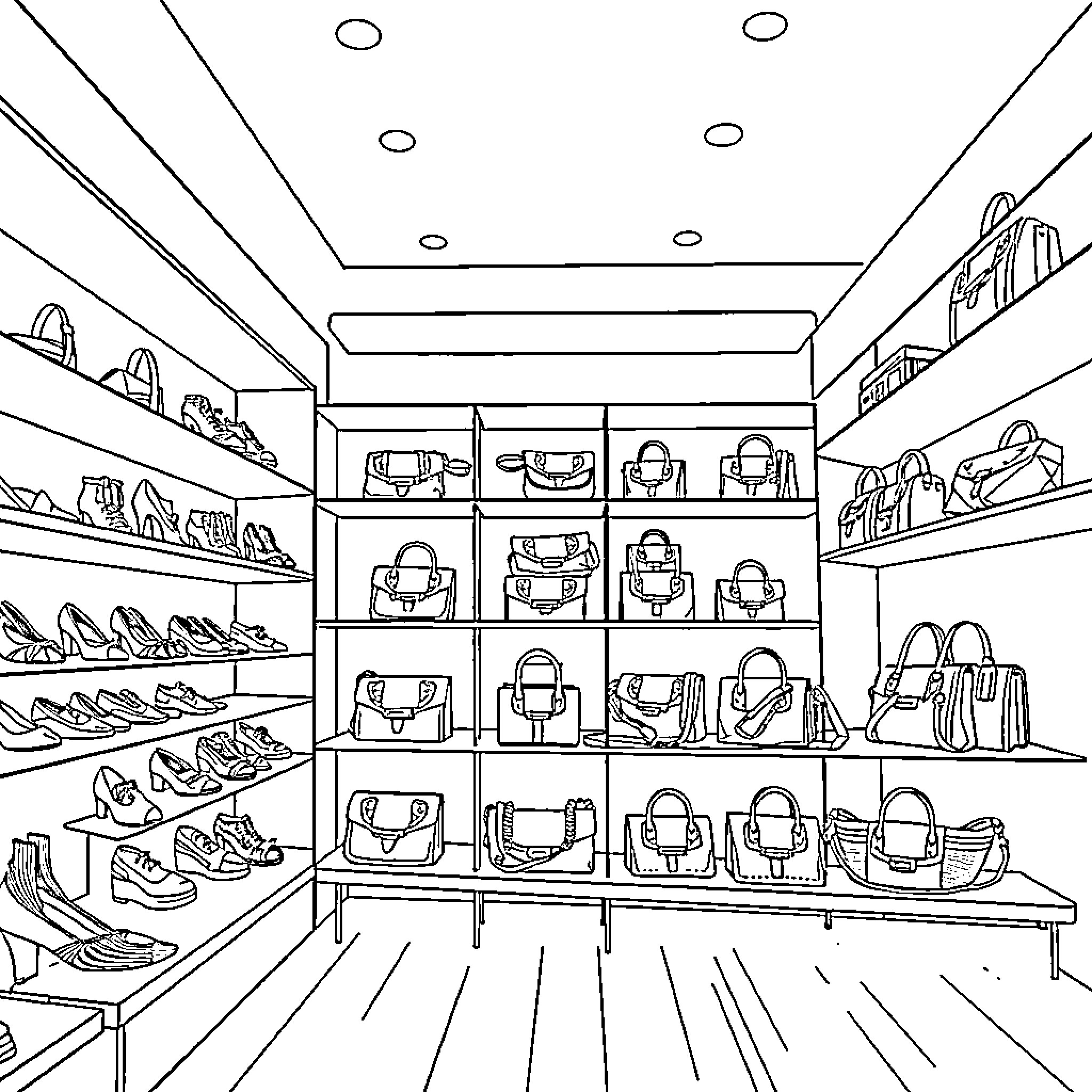 Balenciaga fashion display of accessories and bags Coloring Page (free black-and-white line drawing printable PDF for all, from beginners to advanced learners, including children, teens, adults, and seniors)