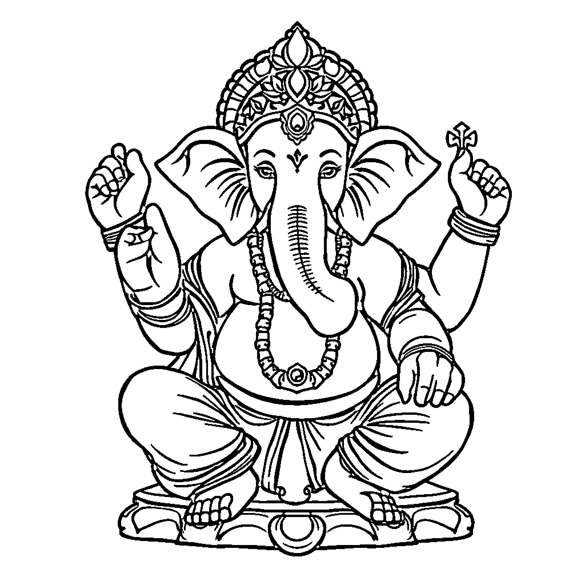 Ganesh sitting in meditation with ceremonial outfit Coloring Page (free black-and-white line drawing printable PDF for all, from beginners to advanced learners, including children, teens, adults, and seniors)