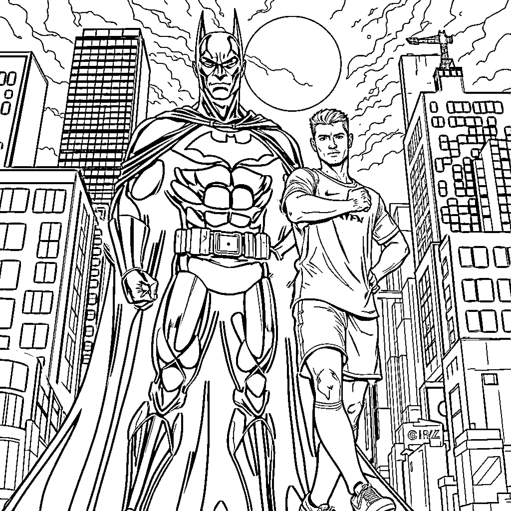 Cristiano Ronaldo as the Superhero Batman Protecting the City Coloring Page (free black-and-white line drawing printable PDF for all, from beginners to advanced learners, including children, teens, adults, and seniors)