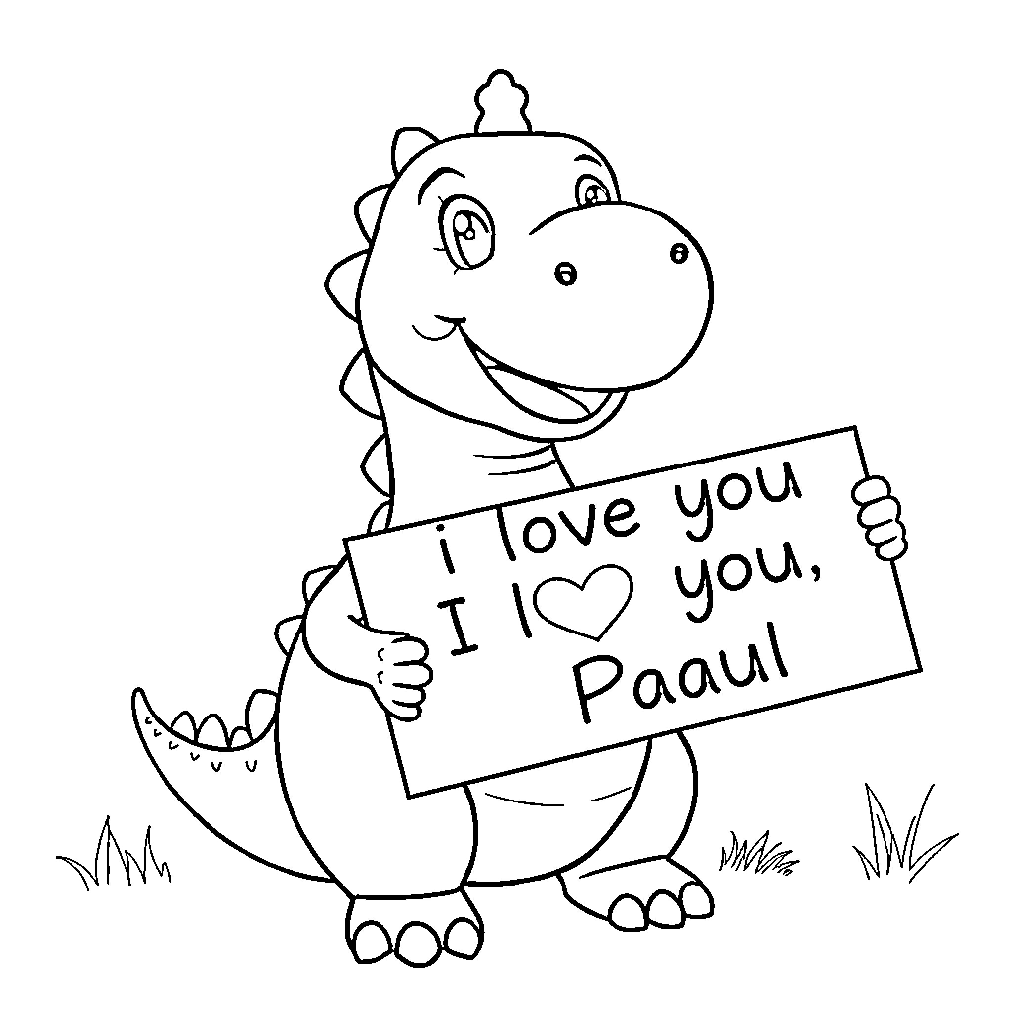 Dinosaur holding a love message sign Coloring Page (free black-and-white line drawing printable PDF for all, from beginners to advanced learners, including children, teens, adults, and seniors)