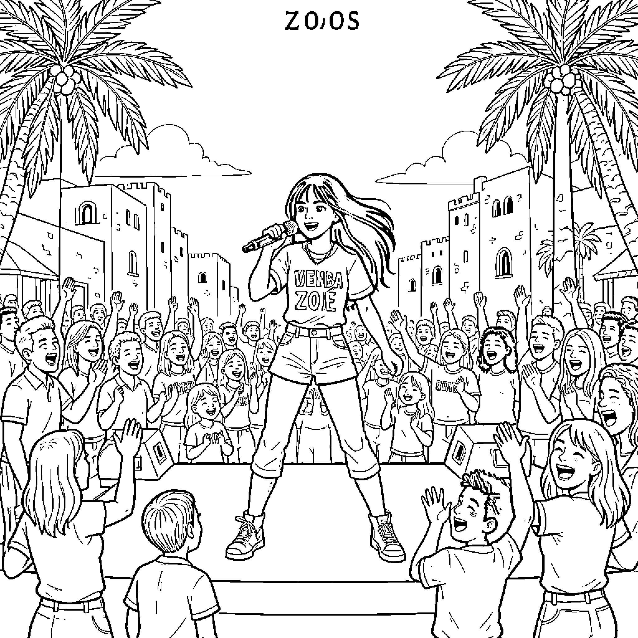 Kpop Zoé performing on stage for an excited crowd Coloring Page (free black-and-white line drawing printable PDF for all, from beginners to advanced learners, including children, teens, adults, and seniors)