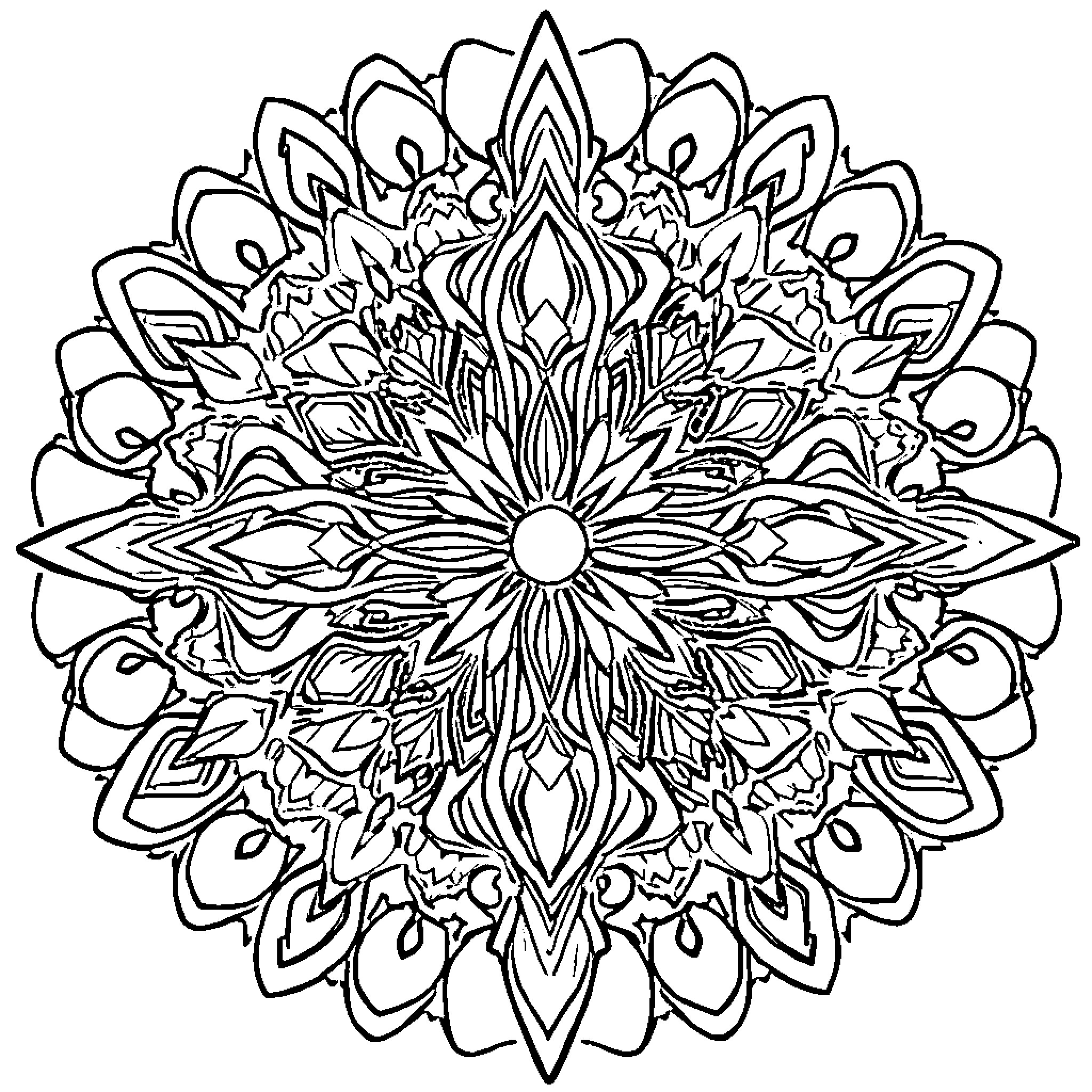 Mandala of intricate floral designs Coloring Page (free black-and-white line drawing printable PDF for all, from beginners to advanced learners, including children, teens, adults, and seniors)