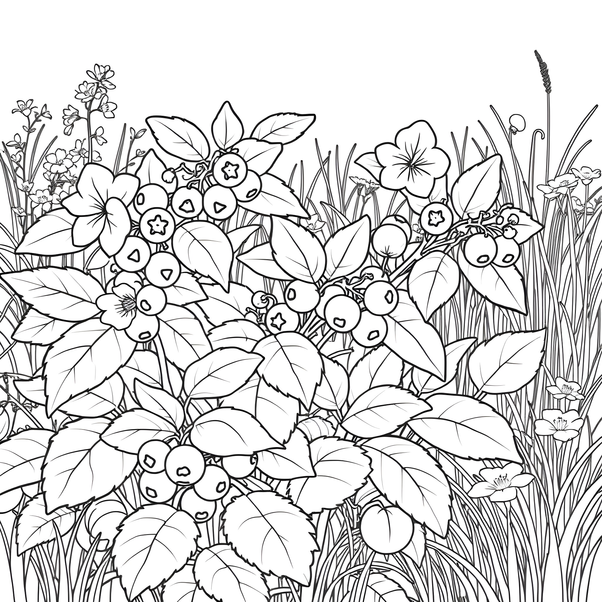 Cloudberry landscape with various vibrant flowers Coloring Page (free black-and-white line drawing printable PDF for all, from beginners to advanced learners, including children, teens, adults, and seniors)