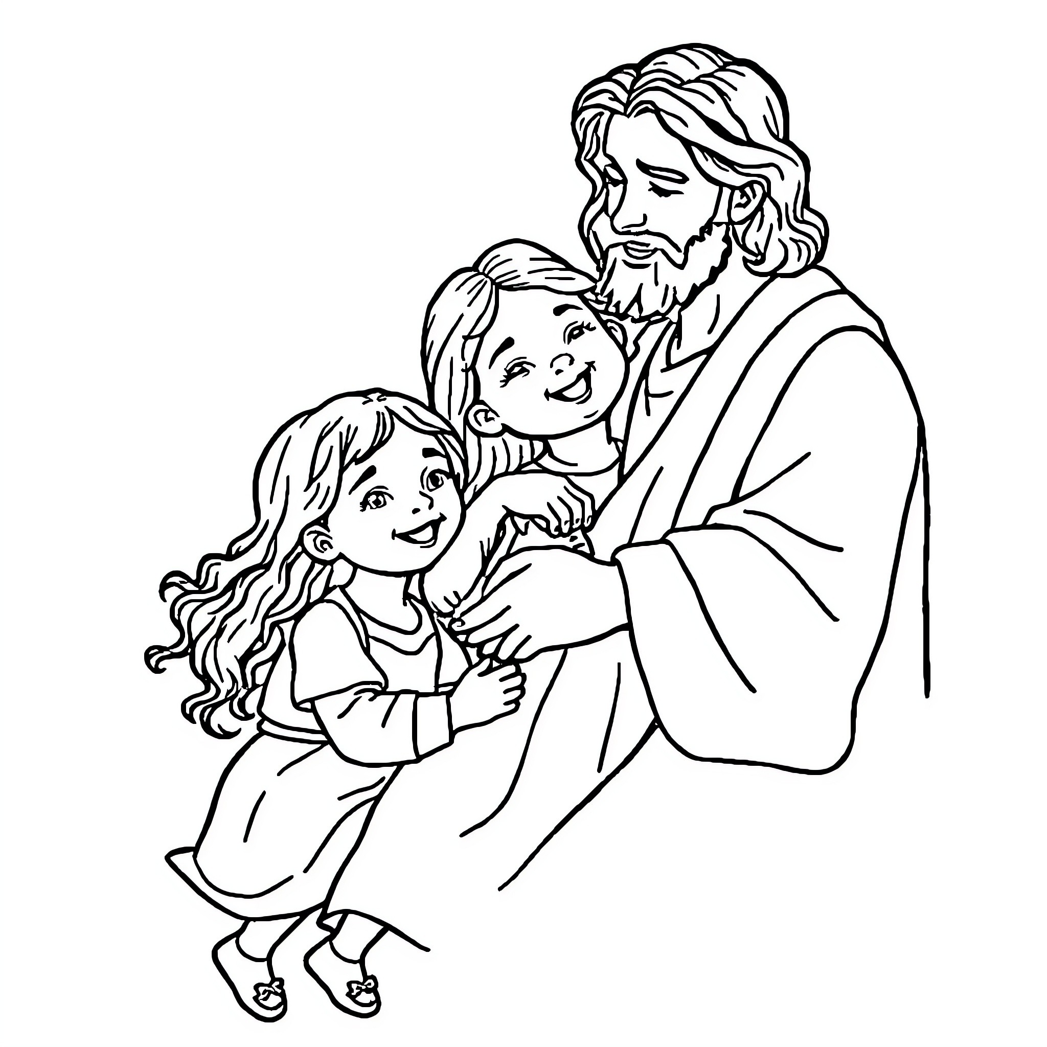 Jesus embracing children with love and care Coloring Page (free black-and-white line drawing printable PDF for all, from beginners to advanced learners, including children, teens, adults, and seniors)