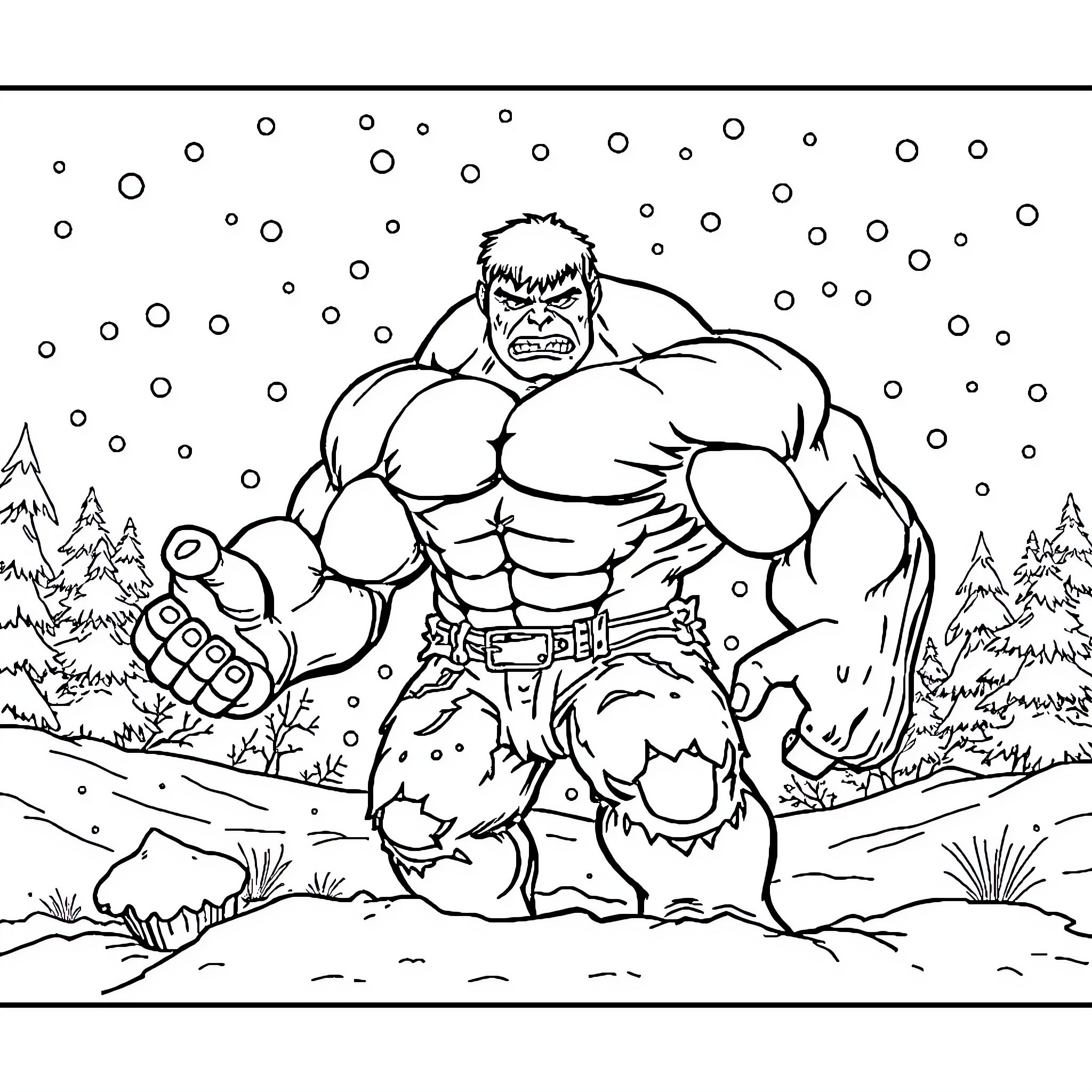 Hulk Unleashes Strength in Snowy Wilderness Coloring Page (free black-and-white line drawing printable PDF for all, from beginners to advanced learners, including children, teens, adults, and seniors)