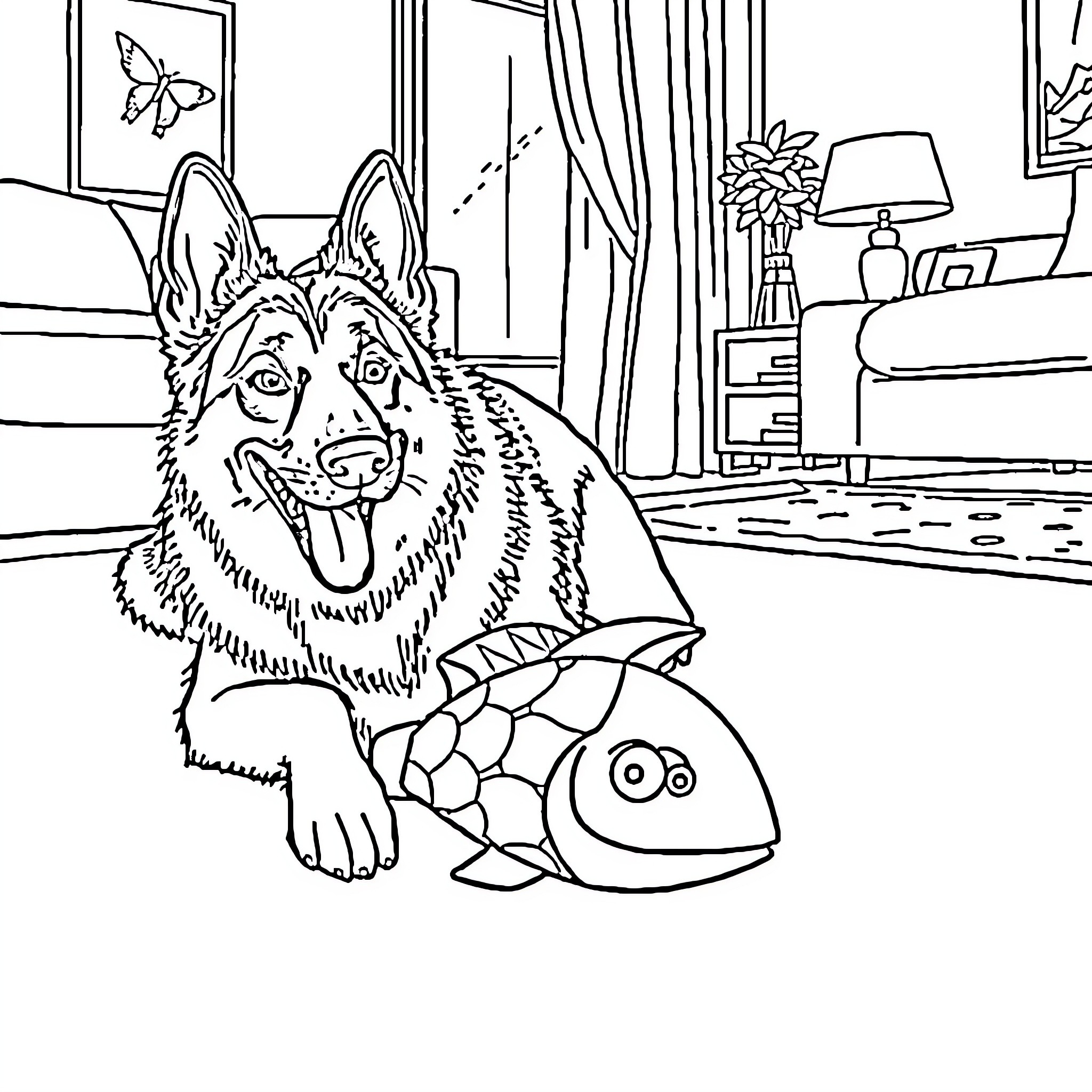 German Shepherd playing with toy in cozy home Coloring Page (free black-and-white line drawing printable PDF for all, from beginners to advanced learners, including children, teens, adults, and seniors)