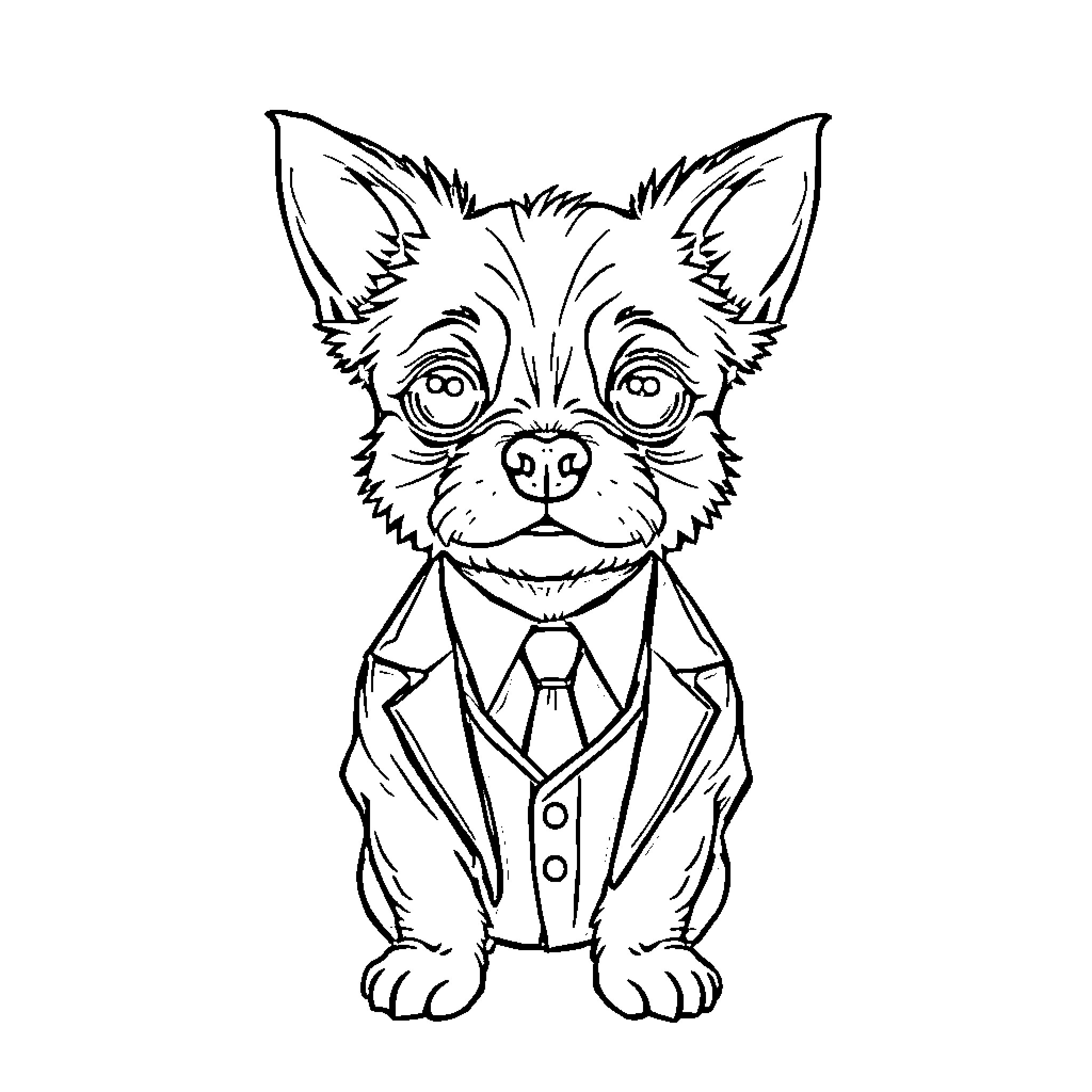 Dog dressed in business attire with curious expression Coloring Page (free black-and-white line drawing printable PDF for all, from beginners to advanced learners, including children, teens, adults, and seniors)