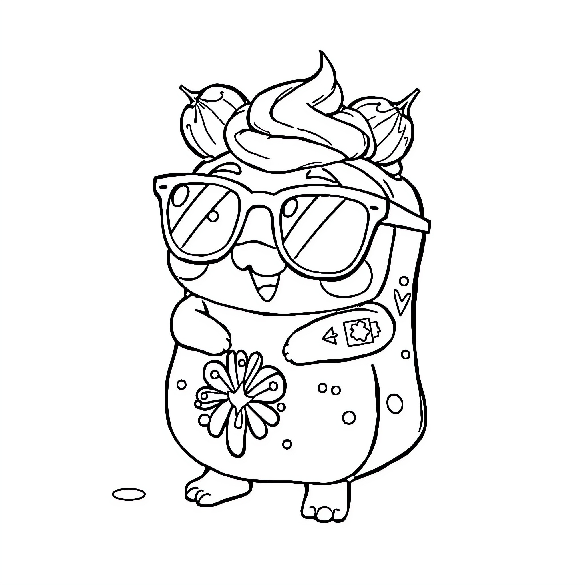 Hotcake character in funky outfit and glasses Coloring Page (free black-and-white line drawing printable PDF for all, from beginners to advanced learners, including children, teens, adults, and seniors)
