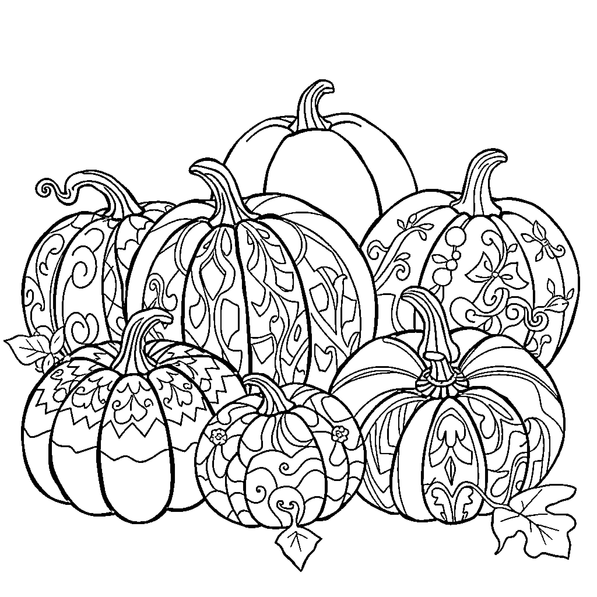 Pumpkins with intricate patterns and designs Coloring Page (free black-and-white line drawing printable PDF for all, from beginners to advanced learners, including children, teens, adults, and seniors)