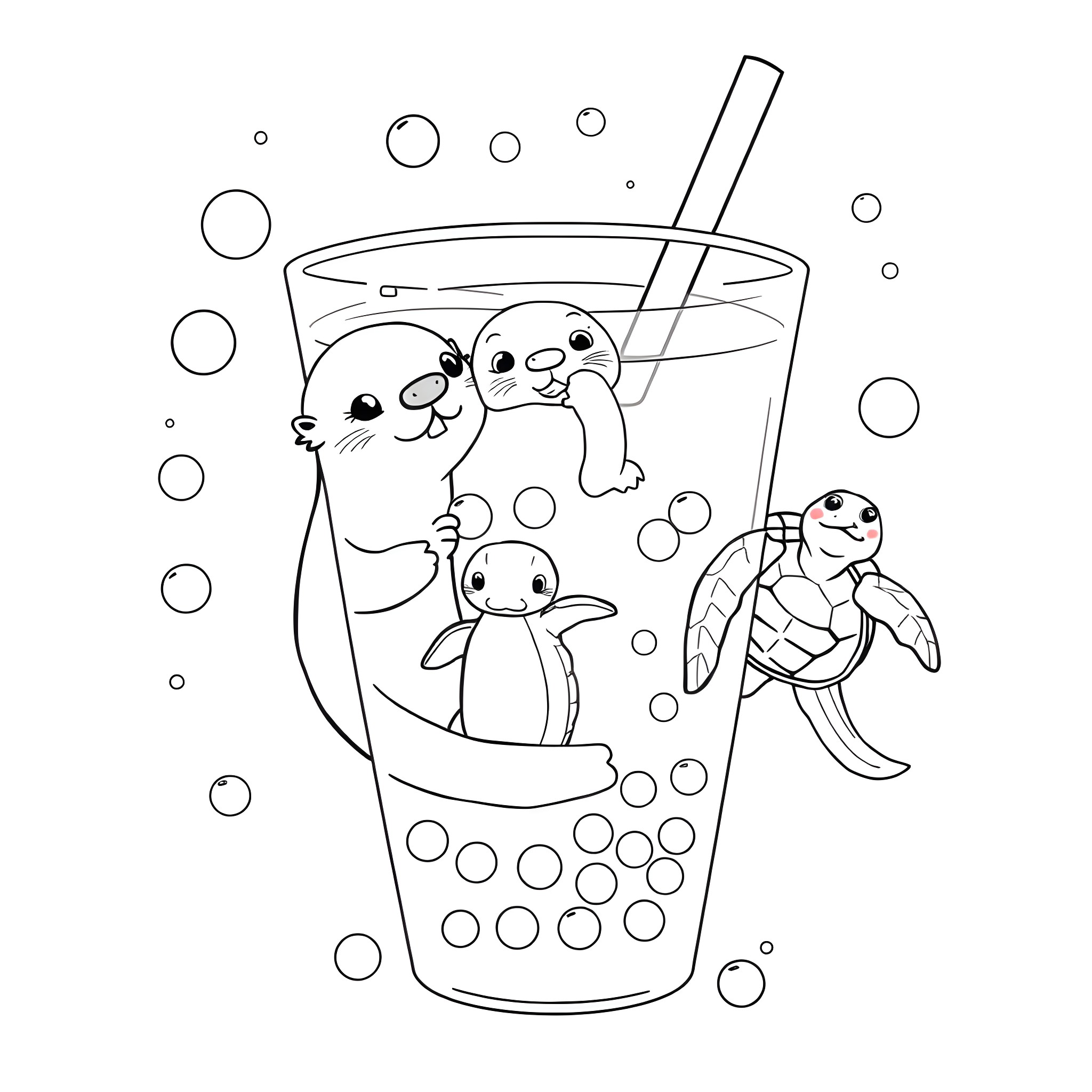 Otter playing with sea creatures in a glass Coloring Page (free black-and-white line drawing printable PDF for all, from beginners to advanced learners, including children, teens, adults, and seniors)