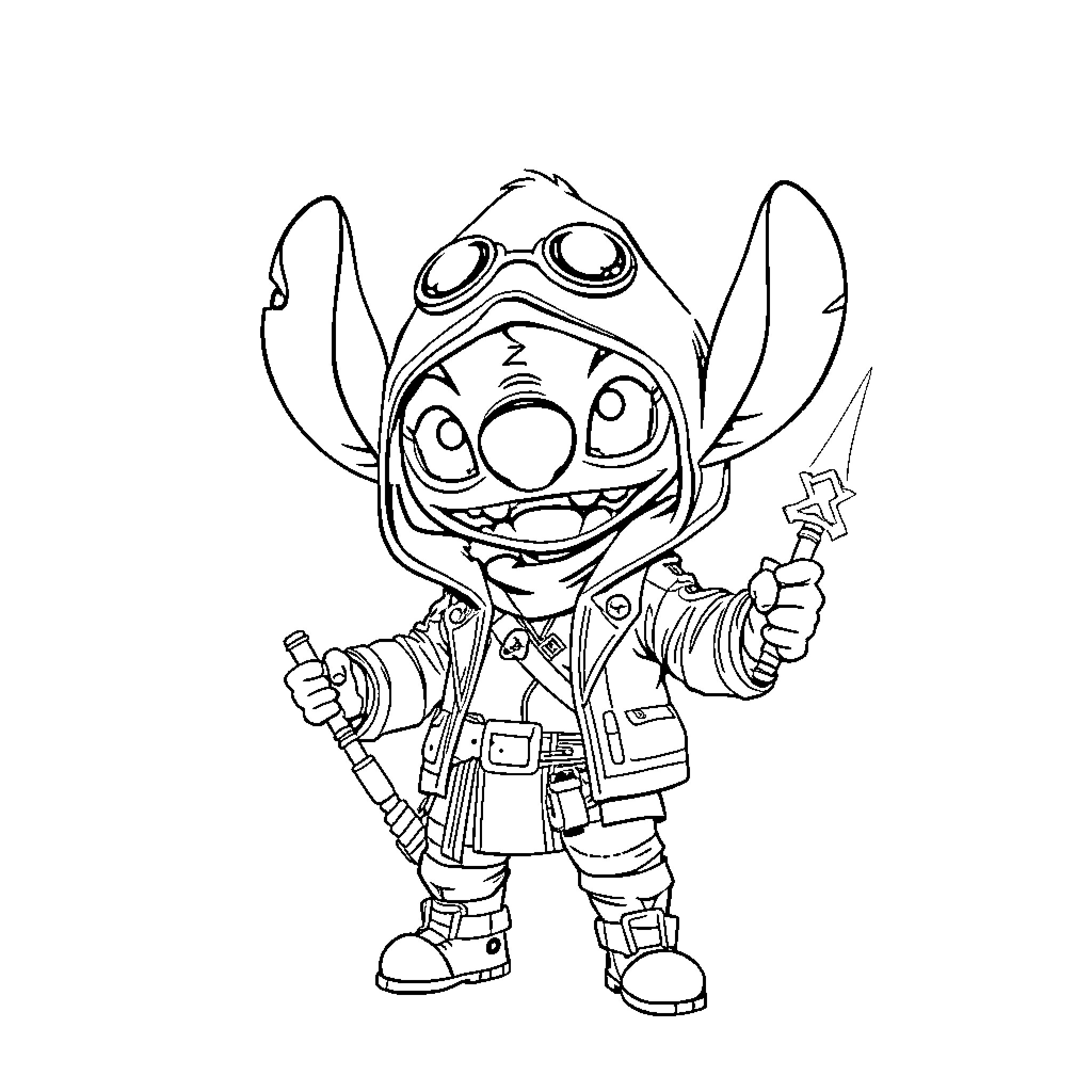 Stitch Dressed as an Explorer with Gadgets Coloring Page (free black-and-white line drawing printable PDF for all, from beginners to advanced learners, including children, teens, adults, and seniors)