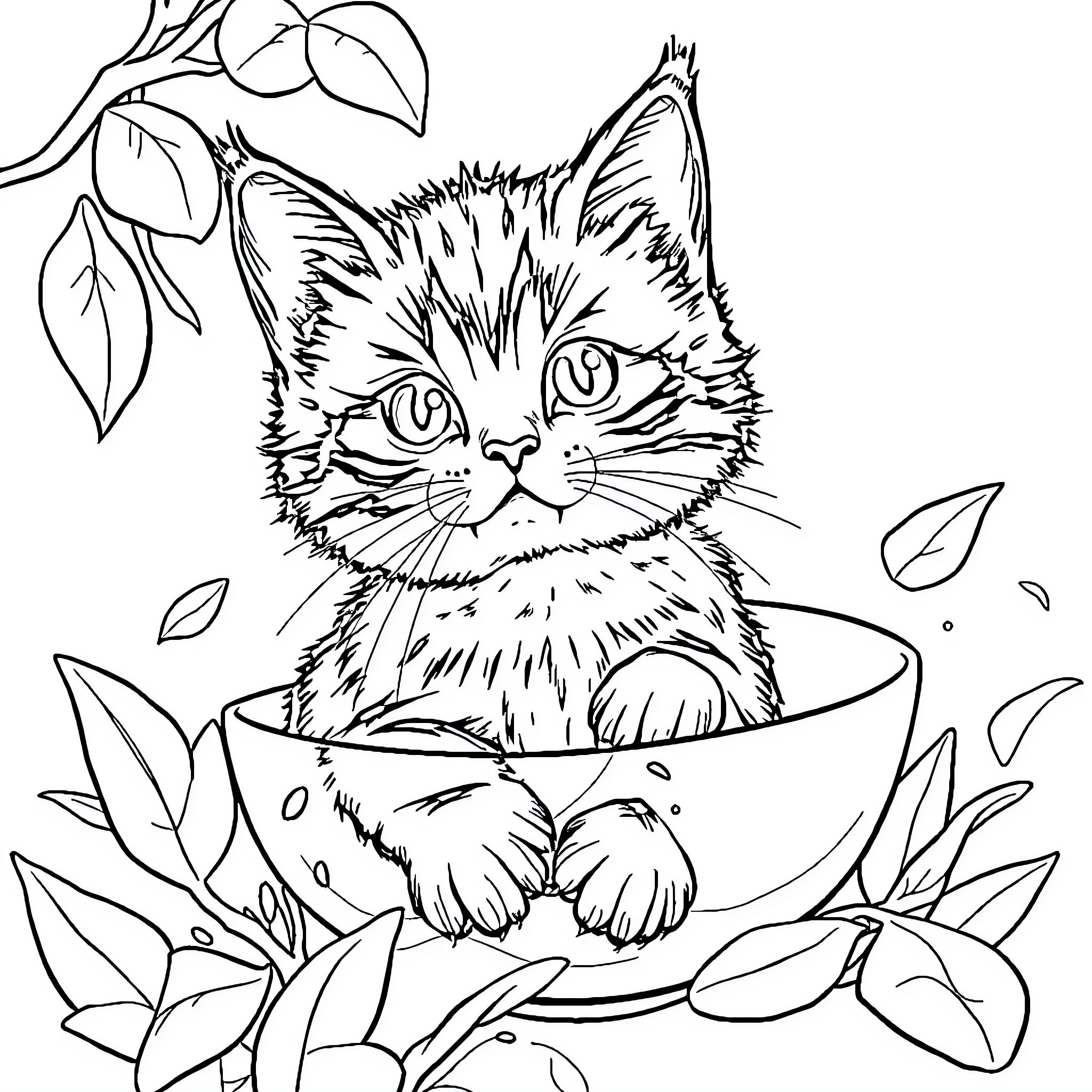 Cat Peering Curiously from a Plant-Filled Bowl Coloring Page (free black-and-white line drawing printable PDF for all, from beginners to advanced learners, including children, teens, adults, and seniors)