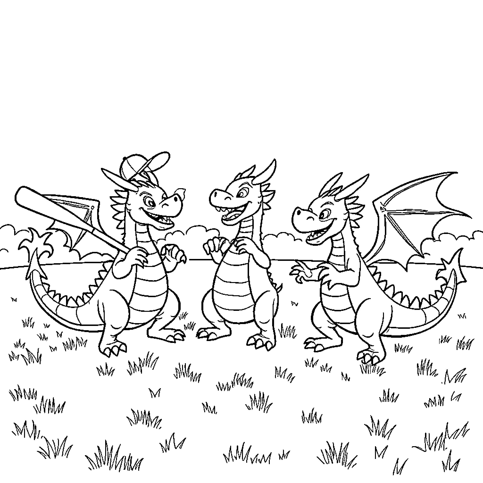 Dragon Trio Playing Joyfully in Grassy Field Coloring Page (free black-and-white line drawing printable PDF for all, from beginners to advanced learners, including children, teens, adults, and seniors)