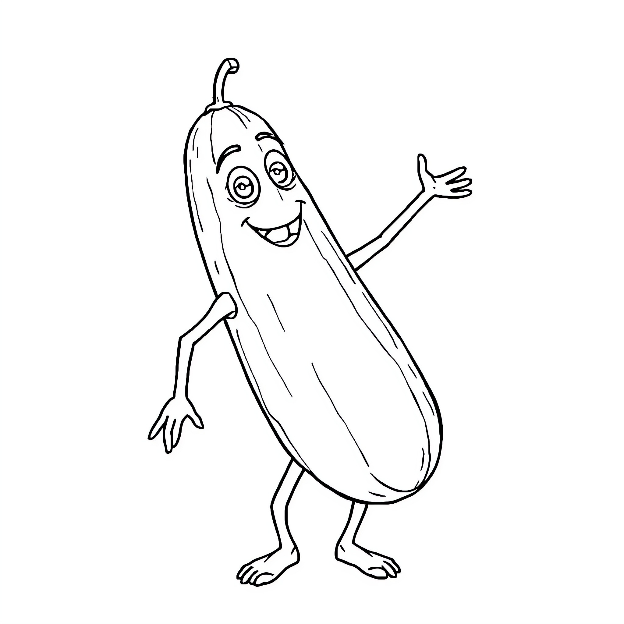 Cucumber character waving and smiling Coloring Page (free black-and-white line drawing printable PDF for all, from beginners to advanced learners, including children, teens, adults, and seniors)