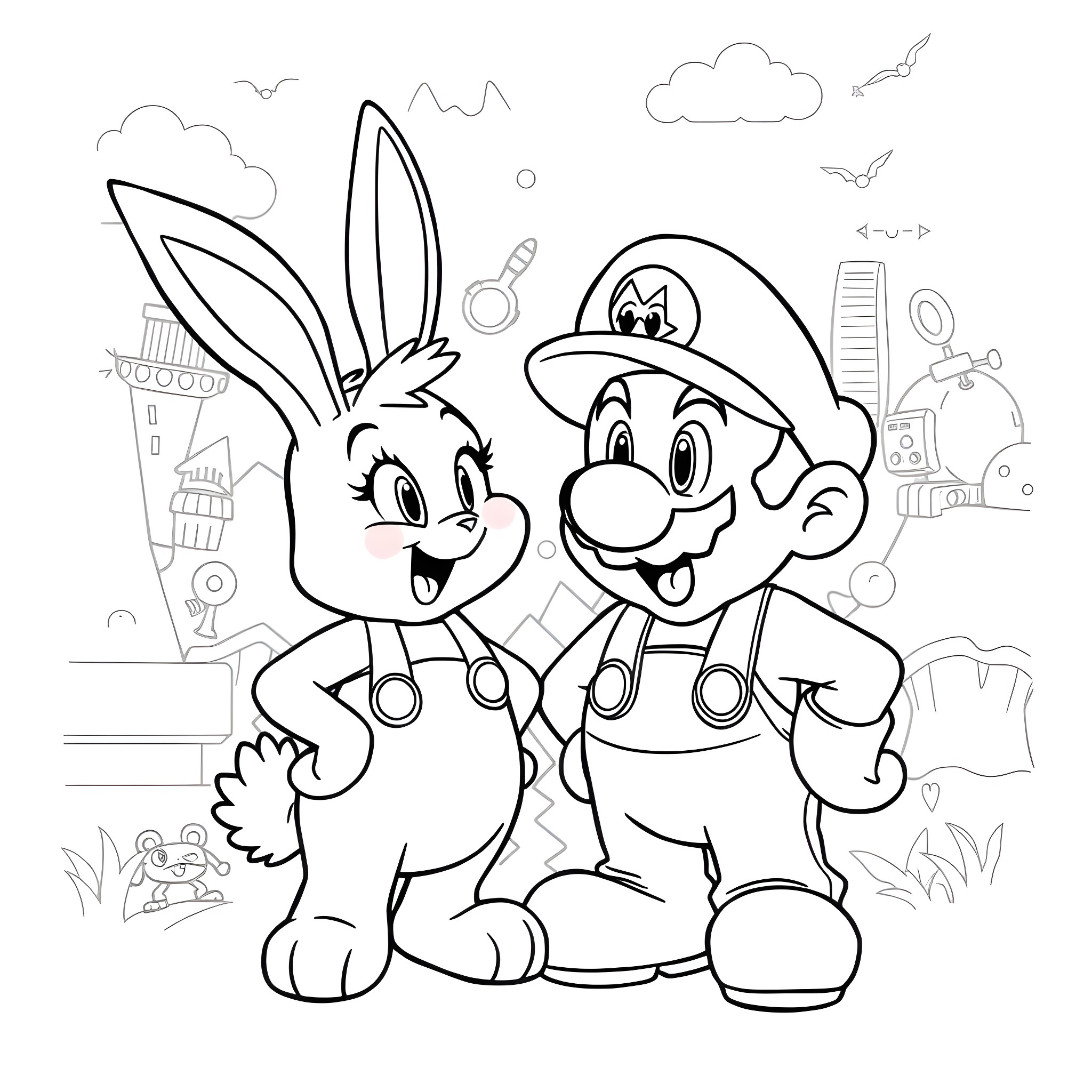 Lola Bunny and Mario in an Animated Adventure Coloring Page (free black-and-white line drawing printable PDF for all, from beginners to advanced learners, including children, teens, adults, and seniors)