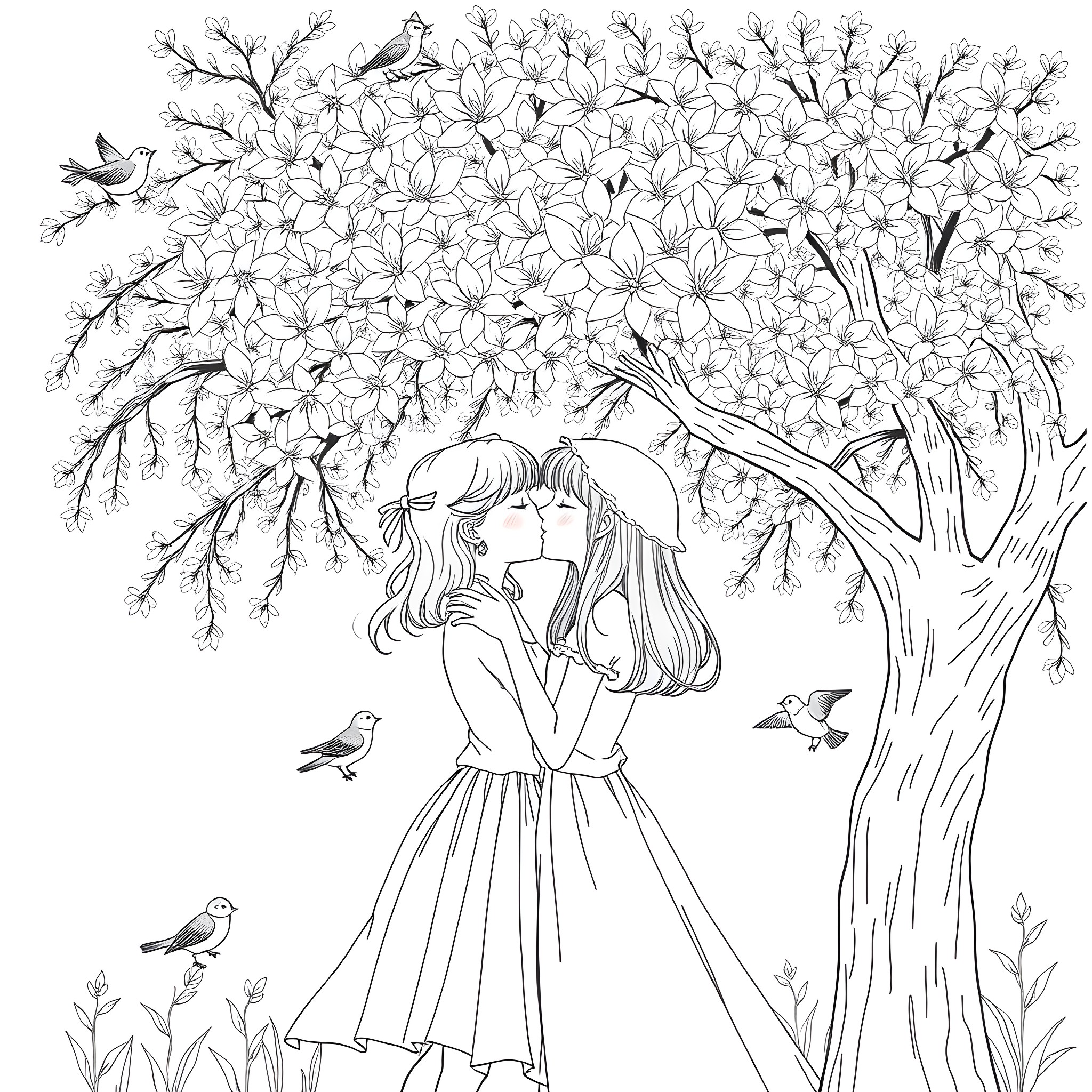 Girl embracing under blossoming tree with birds Coloring Page (free black-and-white line drawing printable PDF for all, from beginners to advanced learners, including children, teens, adults, and seniors)