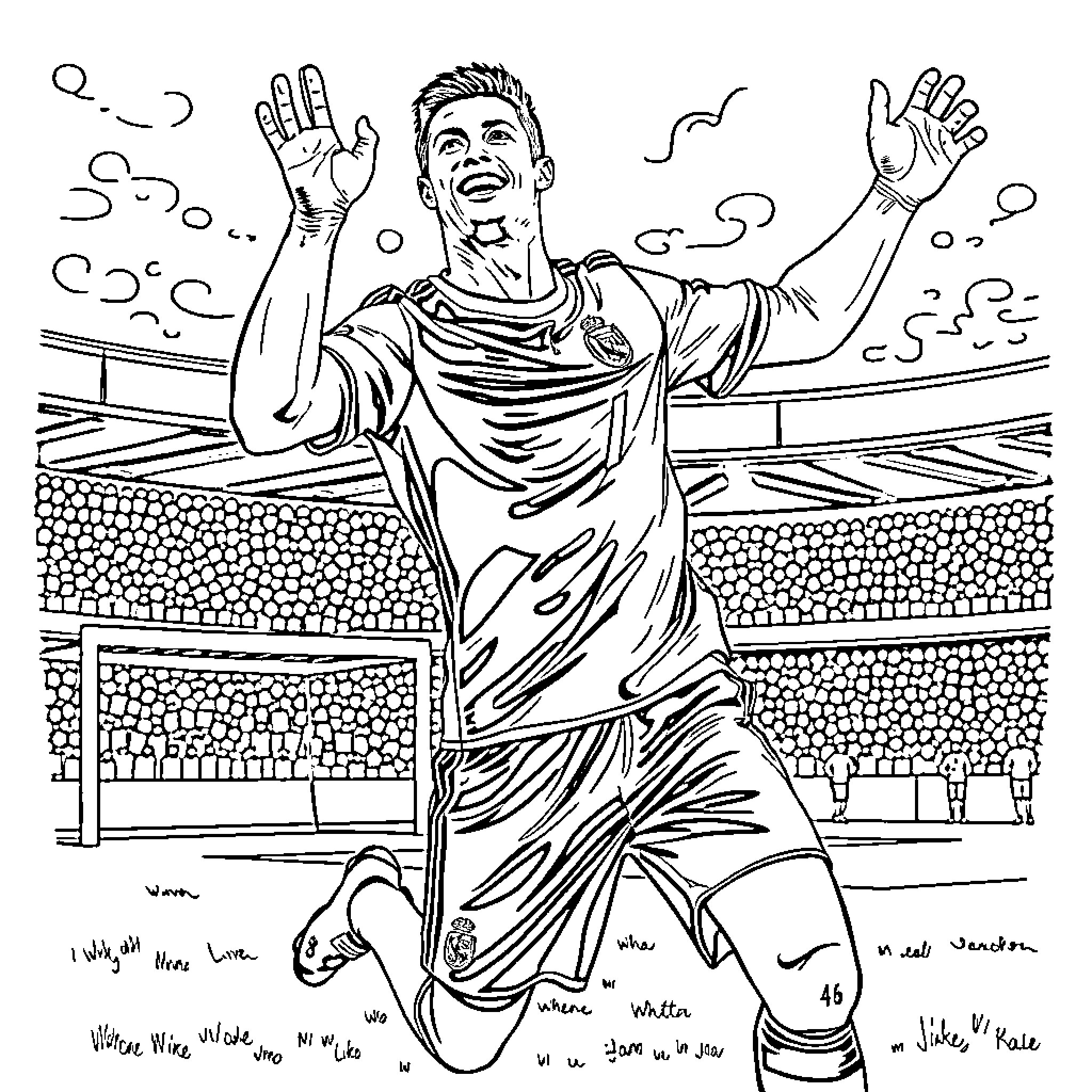 Cr7 Celebrating Triumphantly on the Field Coloring Page (free black-and-white line drawing printable PDF for all, from beginners to advanced learners, including children, teens, adults, and seniors)