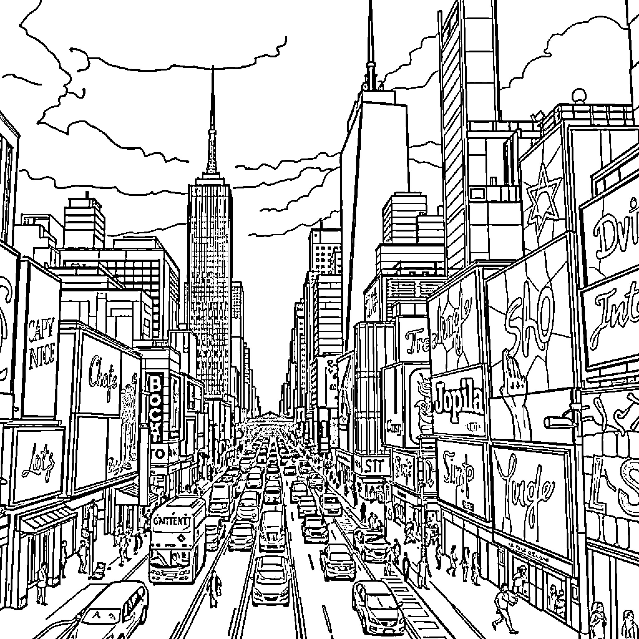 City bustling with traffic and towering skyscrapers Coloring Page (free black-and-white line drawing printable PDF for all, from beginners to advanced learners, including children, teens, adults, and seniors)