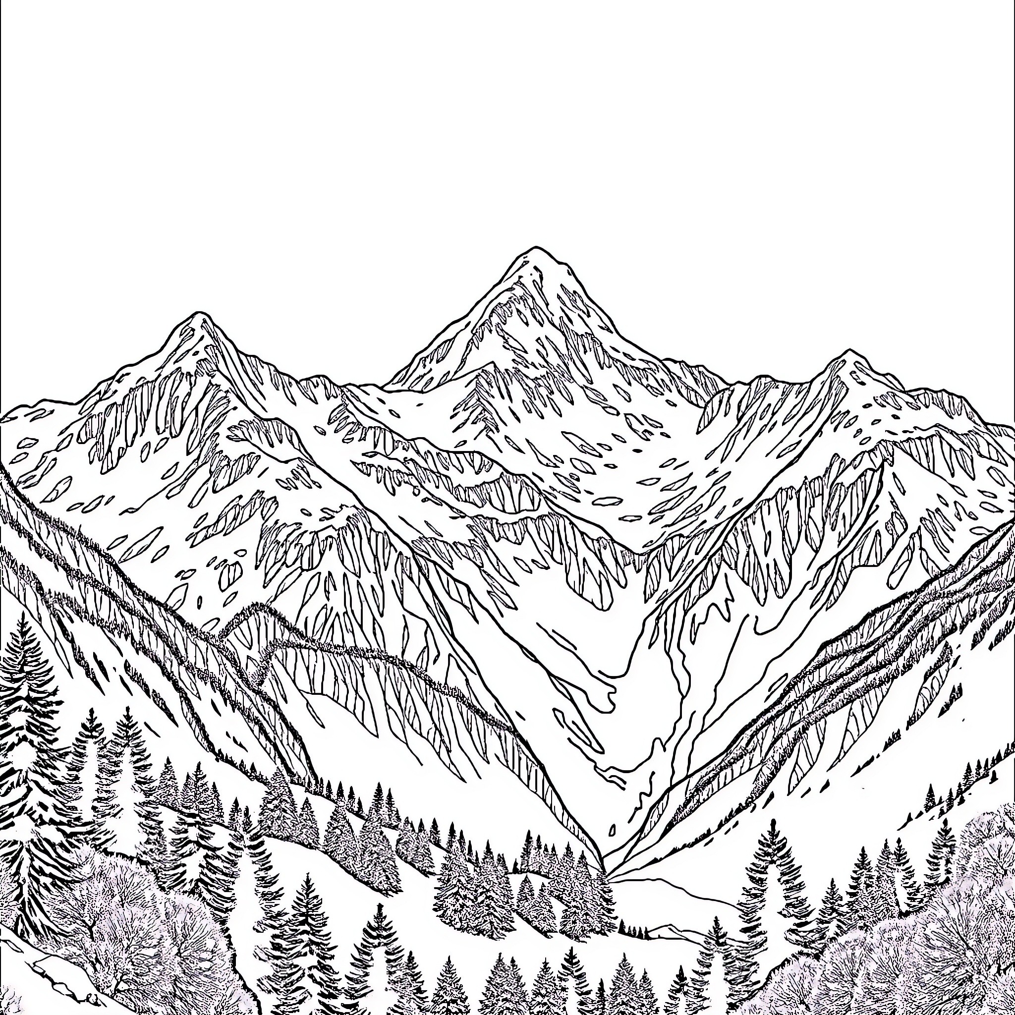 Mountain landscape with snowy peaks and forests Coloring Page (free black-and-white line drawing printable PDF for all, from beginners to advanced learners, including children, teens, adults, and seniors)