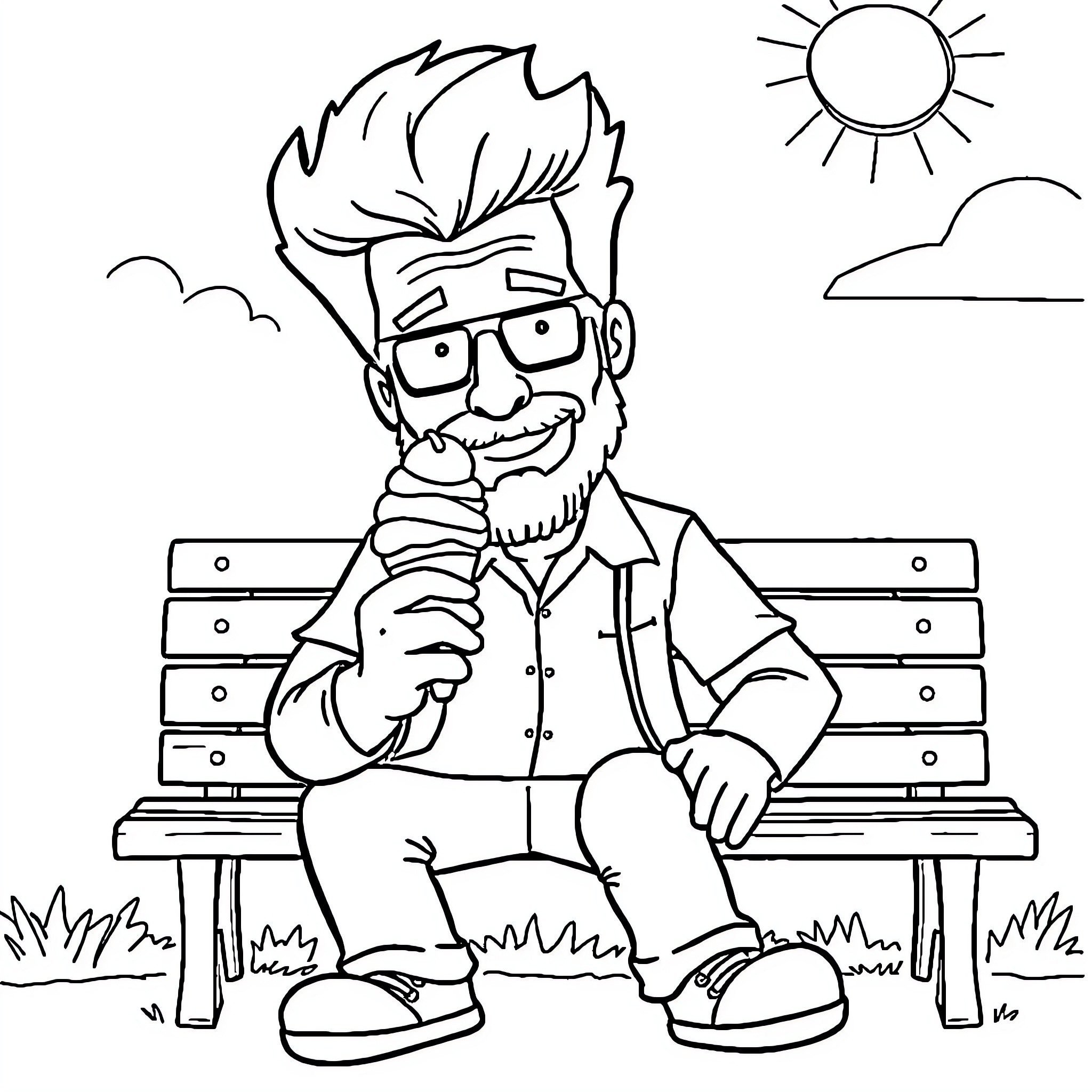 Walter White enjoying a sunny day on a park bench Coloring Page (free black-and-white line drawing printable PDF for all, from beginners to advanced learners, including children, teens, adults, and seniors)