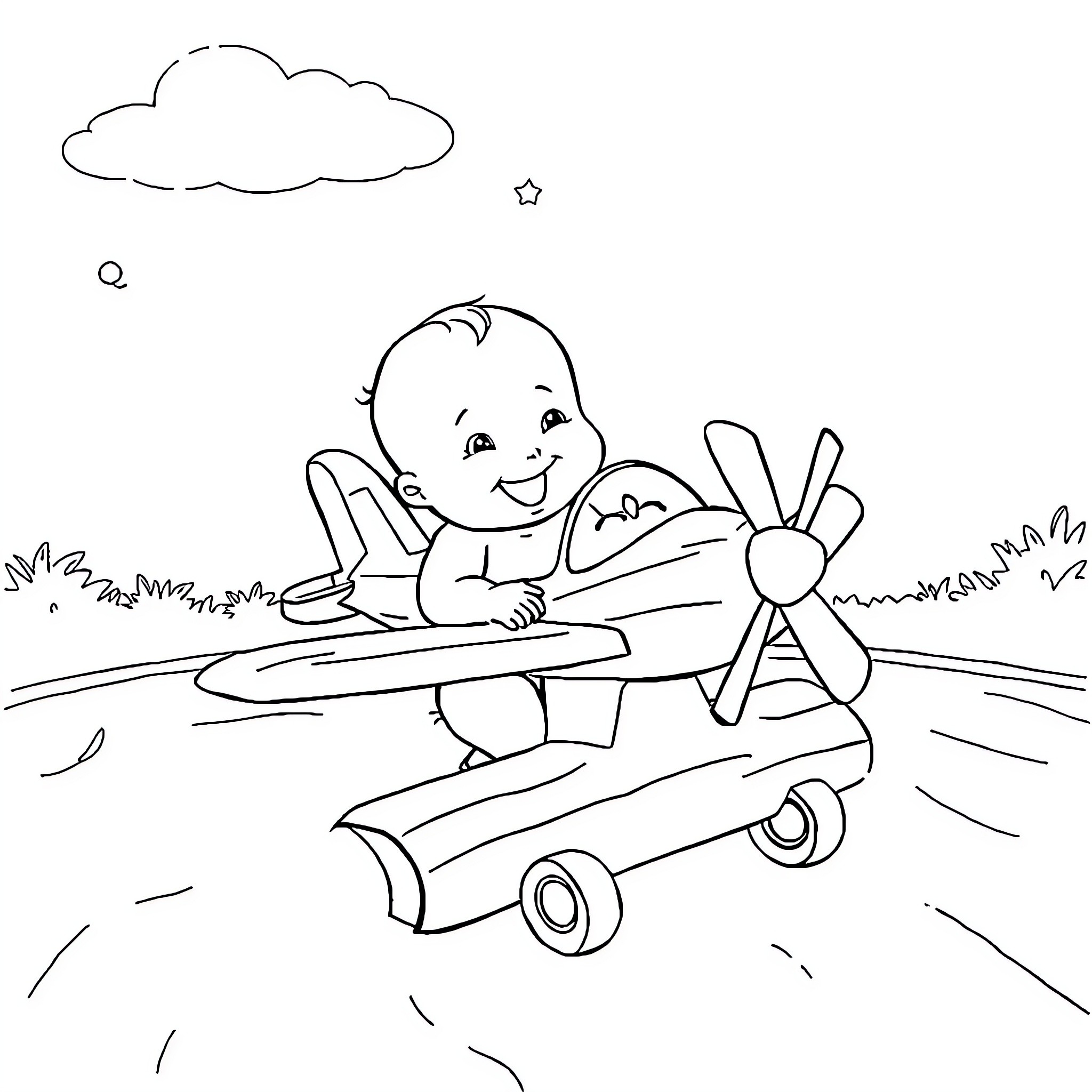 Baby flying a toy airplane in the park Coloring Page (free black-and-white line drawing printable PDF for all, from beginners to advanced learners, including children, teens, adults, and seniors)