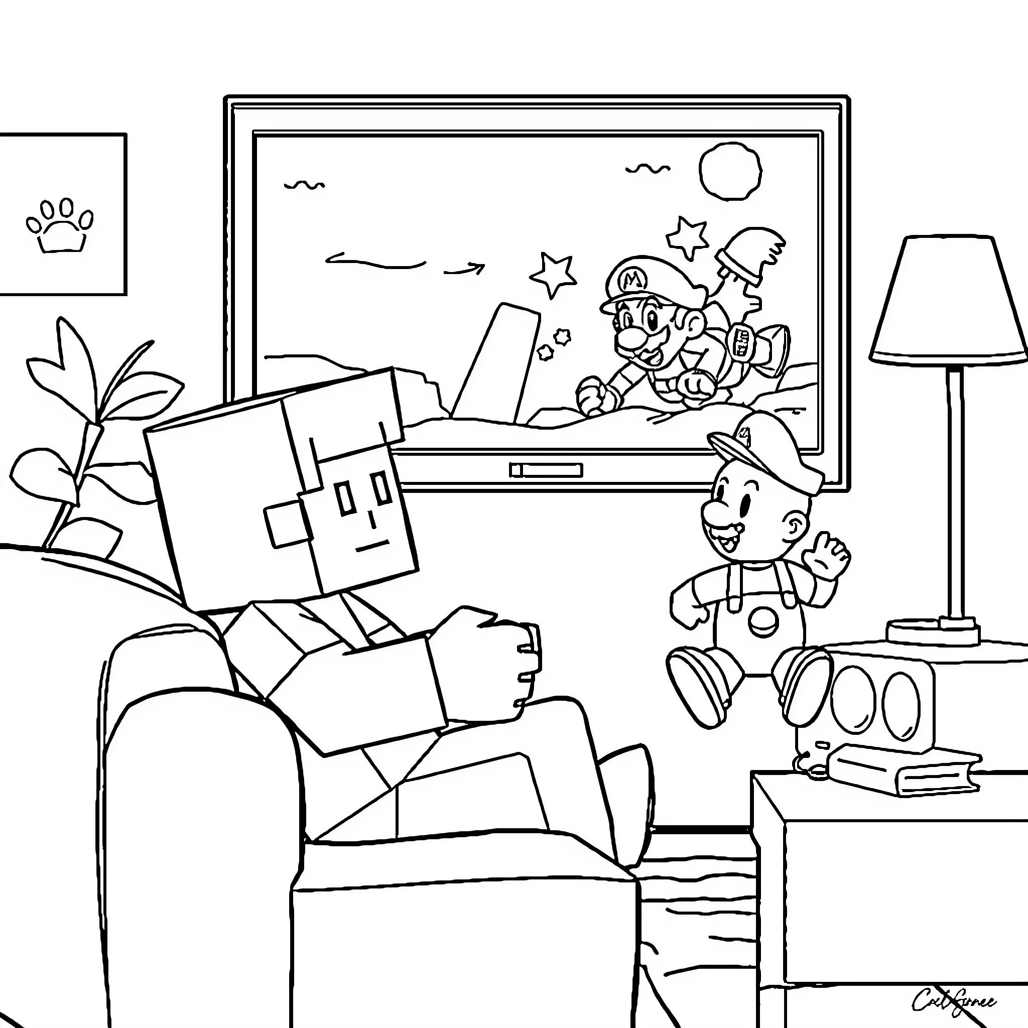 Steve's Cozy Game Room Adventure Coloring Page (free black-and-white line drawing printable PDF for all, from beginners to advanced learners, including children, teens, adults, and seniors)