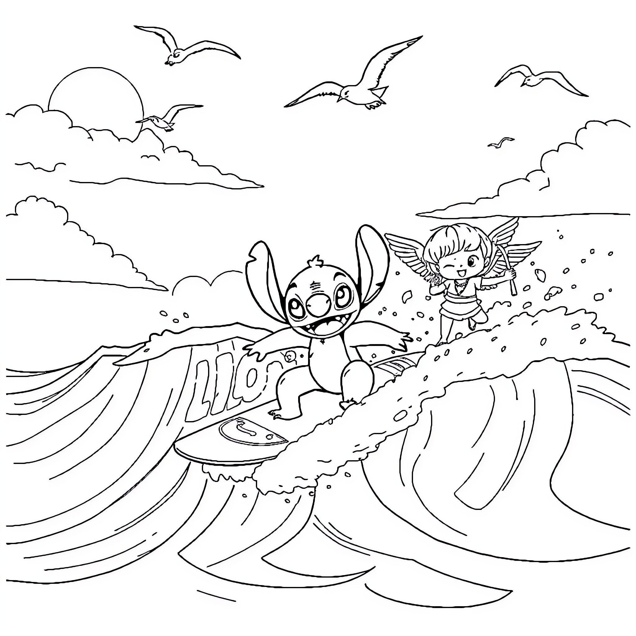 Lilo enjoying a playful surf in the ocean Coloring Page (free black-and-white line drawing printable PDF for all, from beginners to advanced learners, including children, teens, adults, and seniors)