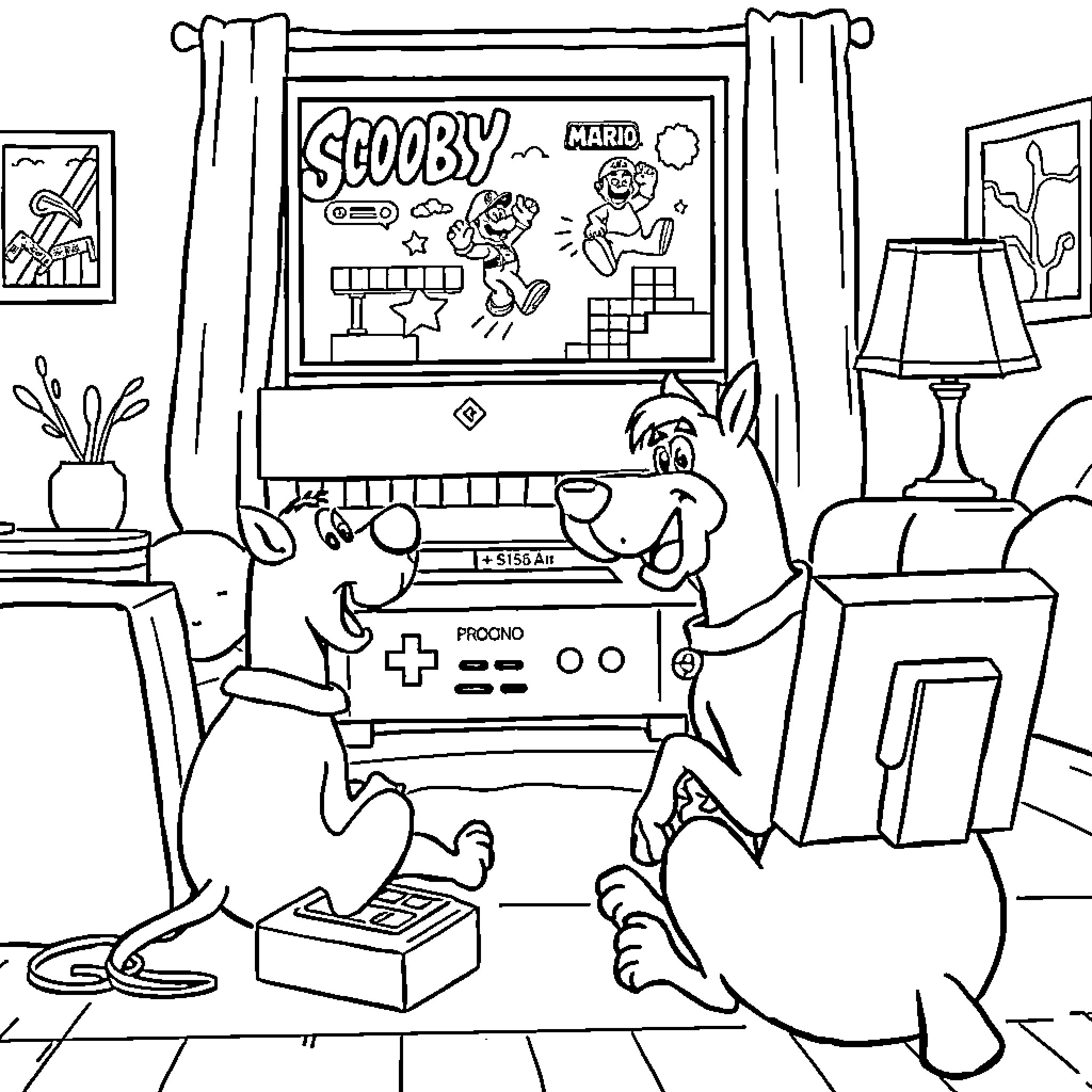 Scooby Doo plays video games in living room Coloring Page (free black-and-white line drawing printable PDF for all, from beginners to advanced learners, including children, teens, adults, and seniors)