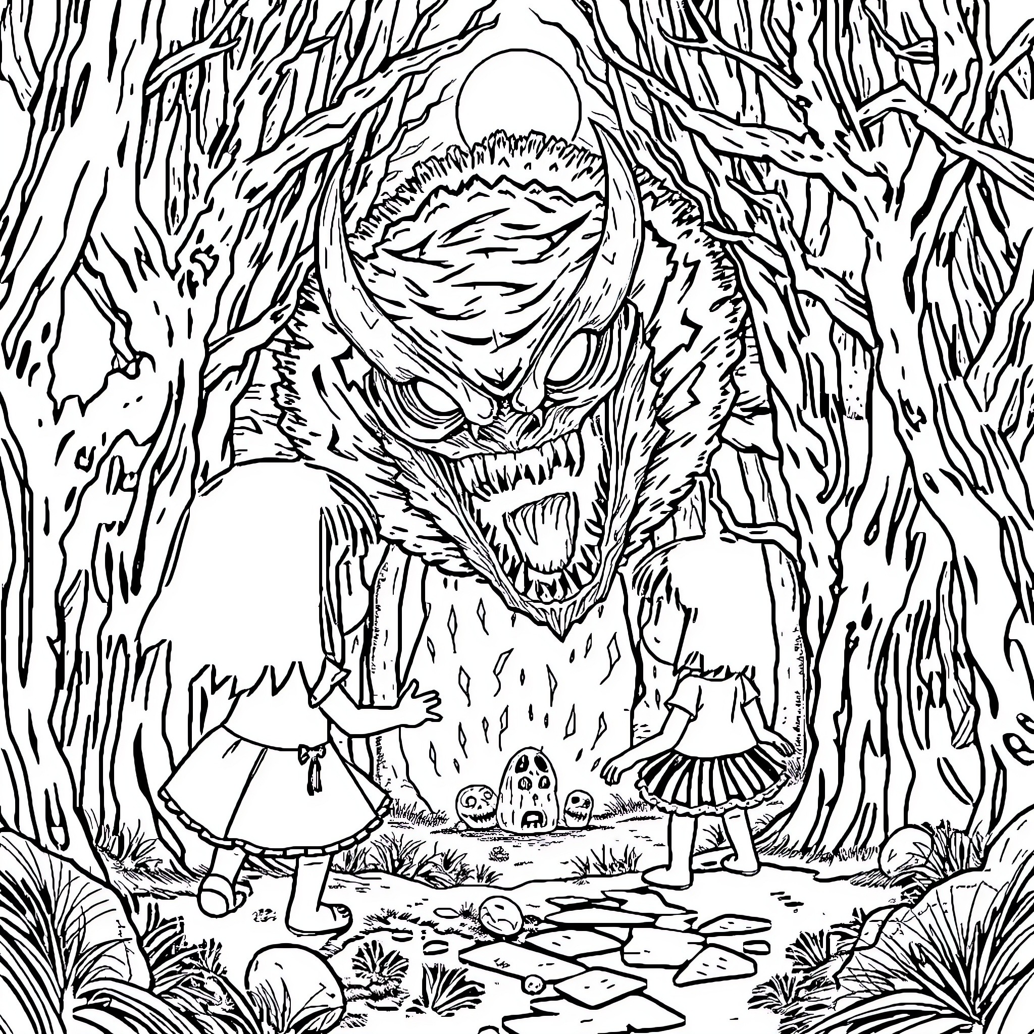 Kuromi in the Mysterious Forest Coloring Page (free black-and-white line drawing printable PDF for all, from beginners to advanced learners, including children, teens, adults, and seniors)
