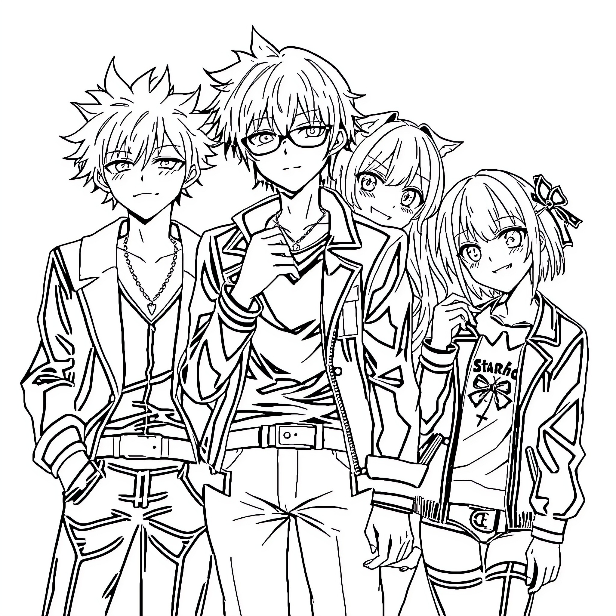 Anime group of friends in casual outfits Coloring Page (free black-and-white line drawing printable PDF for all, from beginners to advanced learners, including children, teens, adults, and seniors)