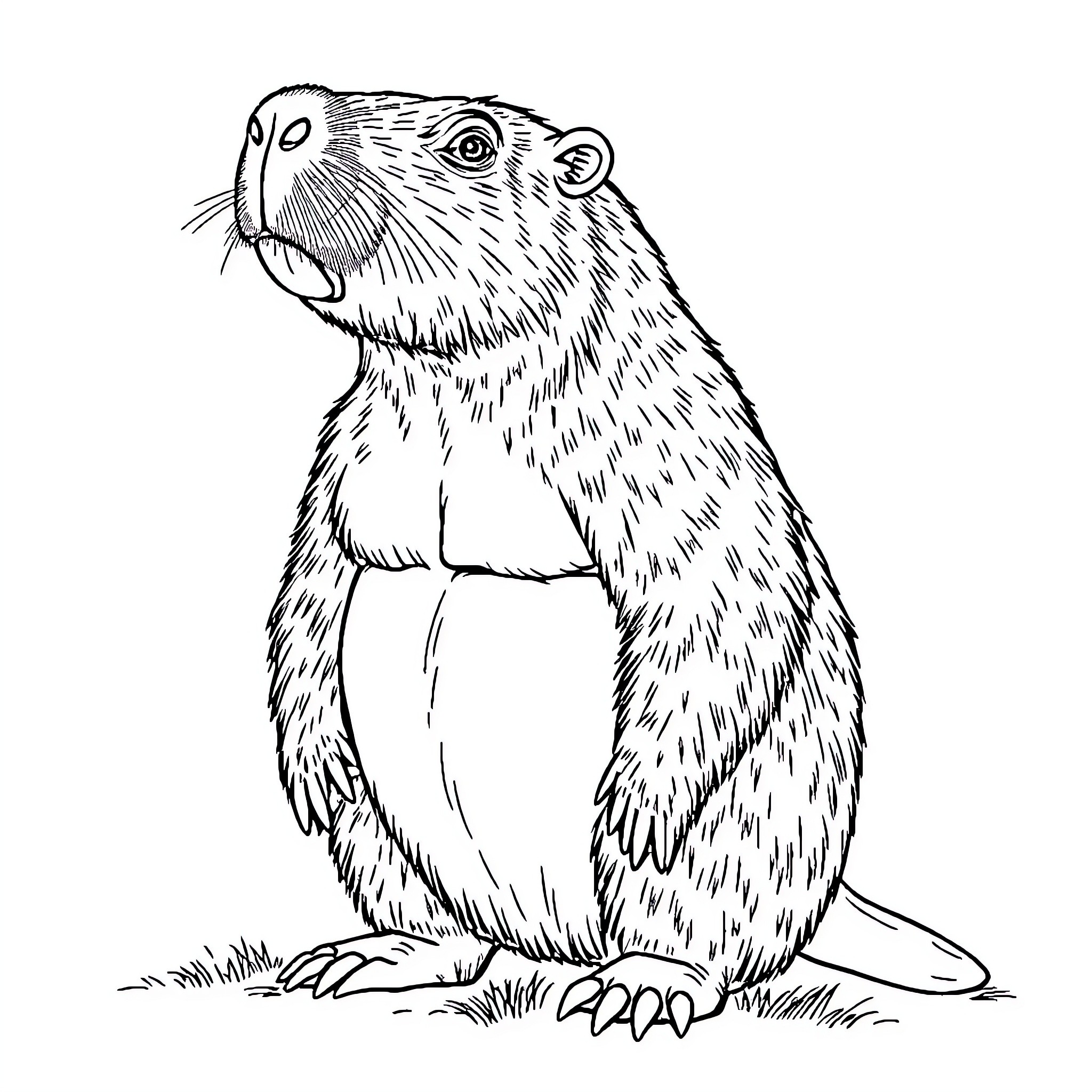 Capybara sitting alert and attentive Coloring Page (free black-and-white line drawing printable PDF for all, from beginners to advanced learners, including children, teens, adults, and seniors)