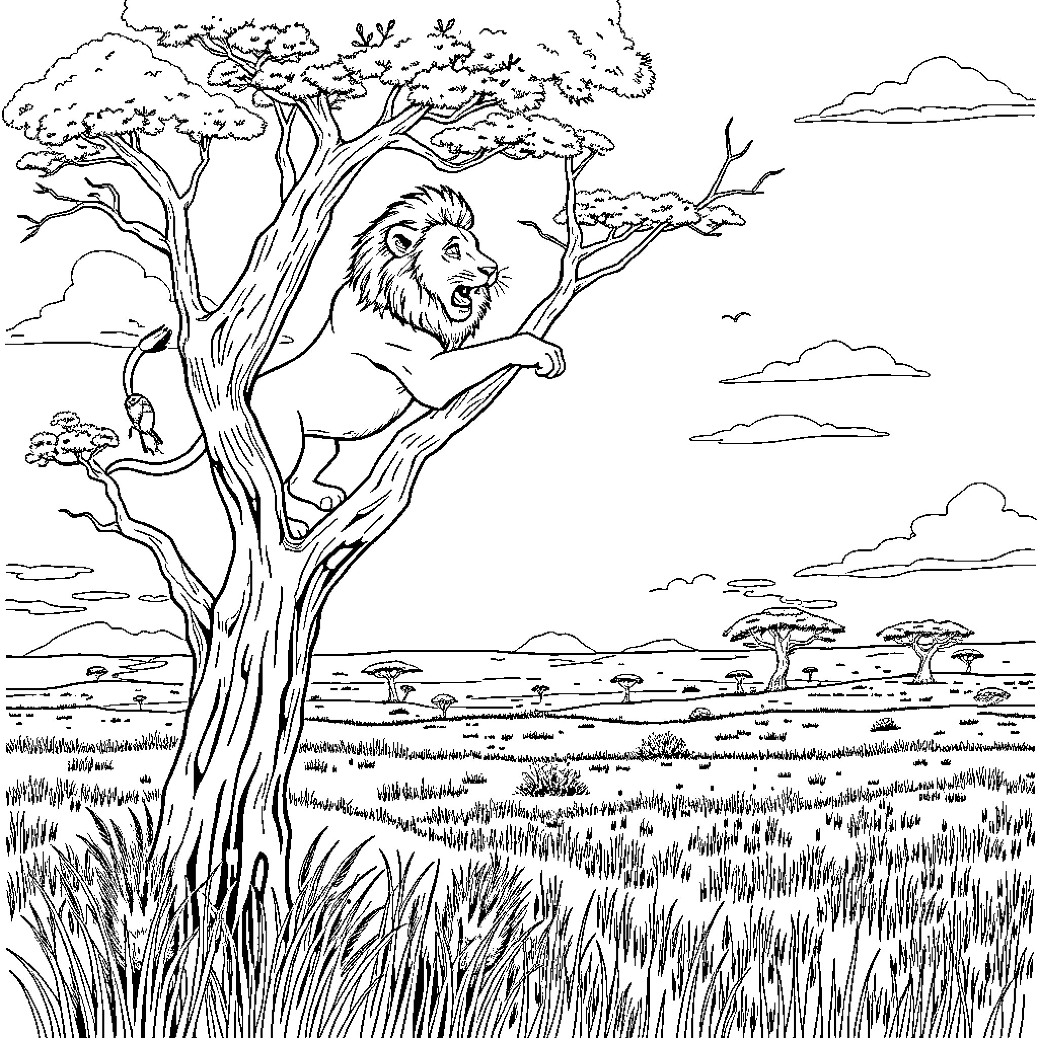 Lion lounging in tree branches of savanna landscape Coloring Page (free black-and-white line drawing printable PDF for all, from beginners to advanced learners, including children, teens, adults, and seniors)