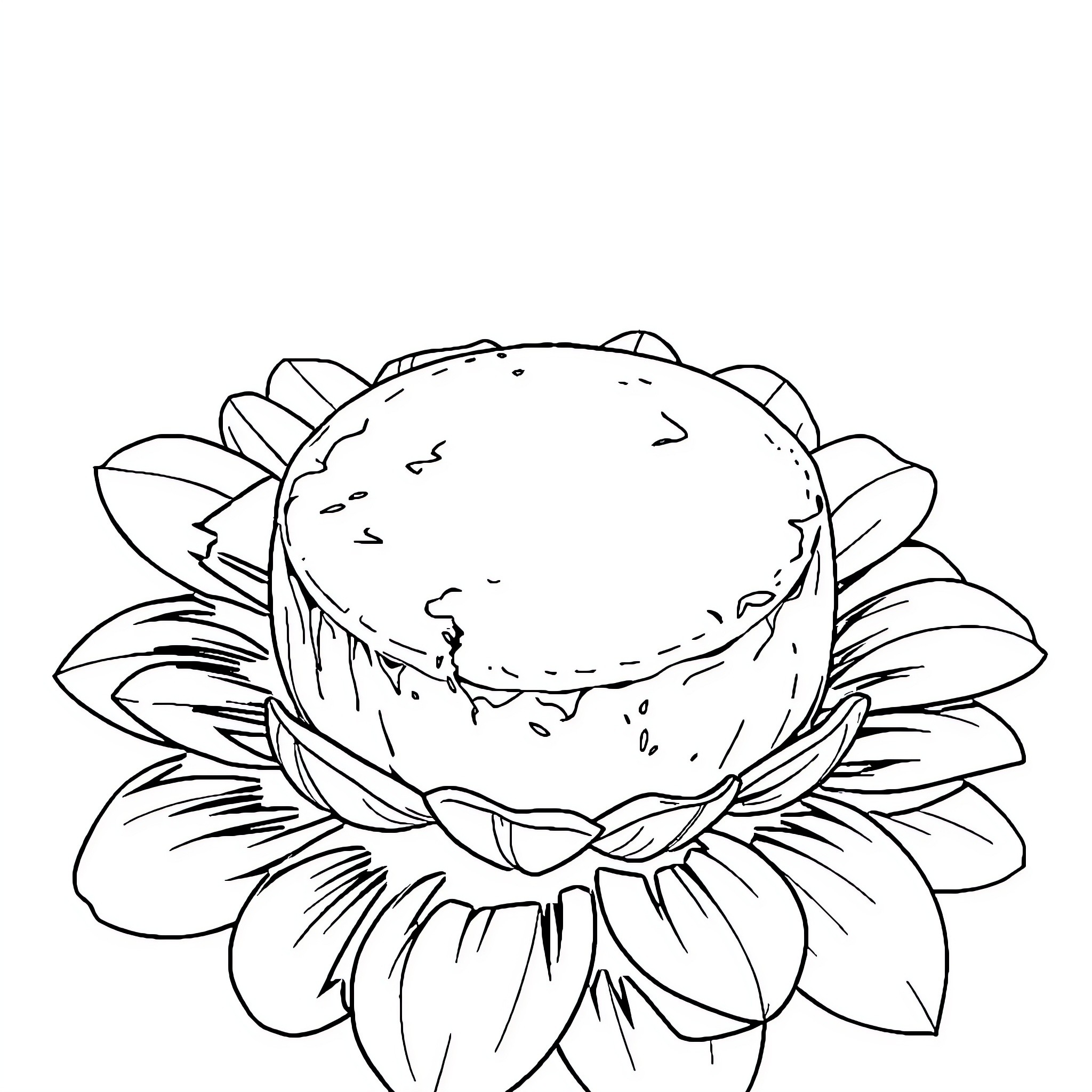 Camembert cheese nestled in a sunflower Coloring Page (free black-and-white line drawing printable PDF for all, from beginners to advanced learners, including children, teens, adults, and seniors)