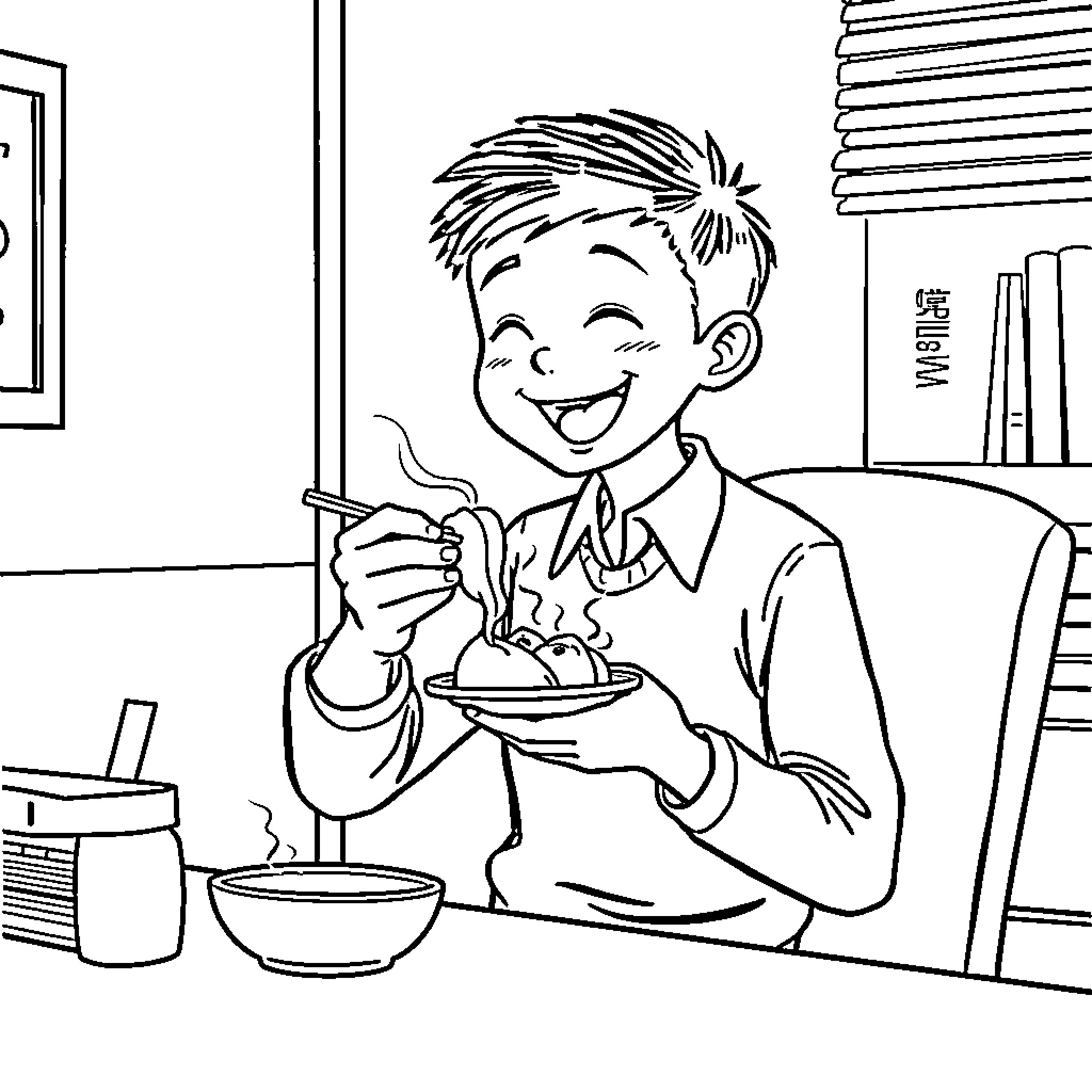 Boy enjoying a delicious meal in his room Coloring Page (free black-and-white line drawing printable PDF for all, from beginners to advanced learners, including children, teens, adults, and seniors)