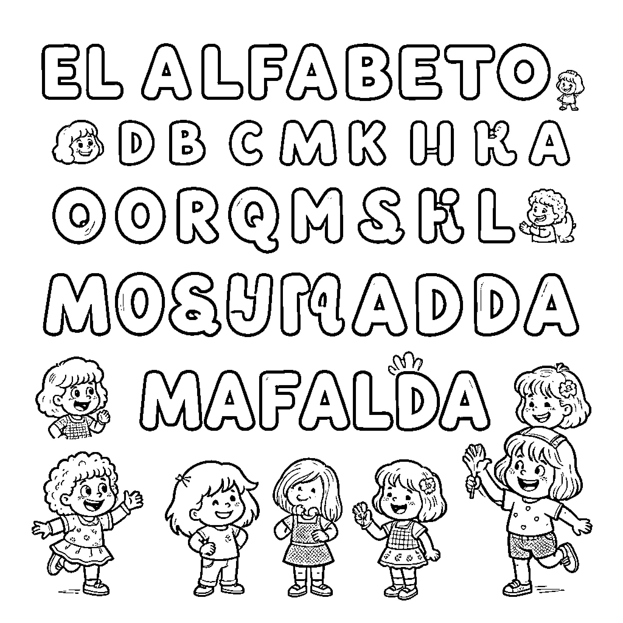 Mafalda and friends explore the alphabet Coloring Page (free black-and-white line drawing printable PDF for all, from beginners to advanced learners, including children, teens, adults, and seniors)