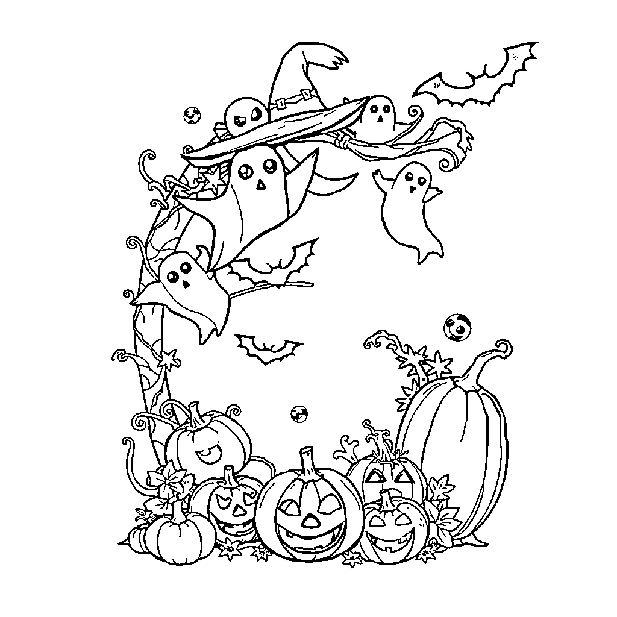 Lively Ghosts and Pumpkins Celebrate Halloween Coloring Page (free black-and-white line drawing printable PDF for all, from beginners to advanced learners, including children, teens, adults, and seniors)