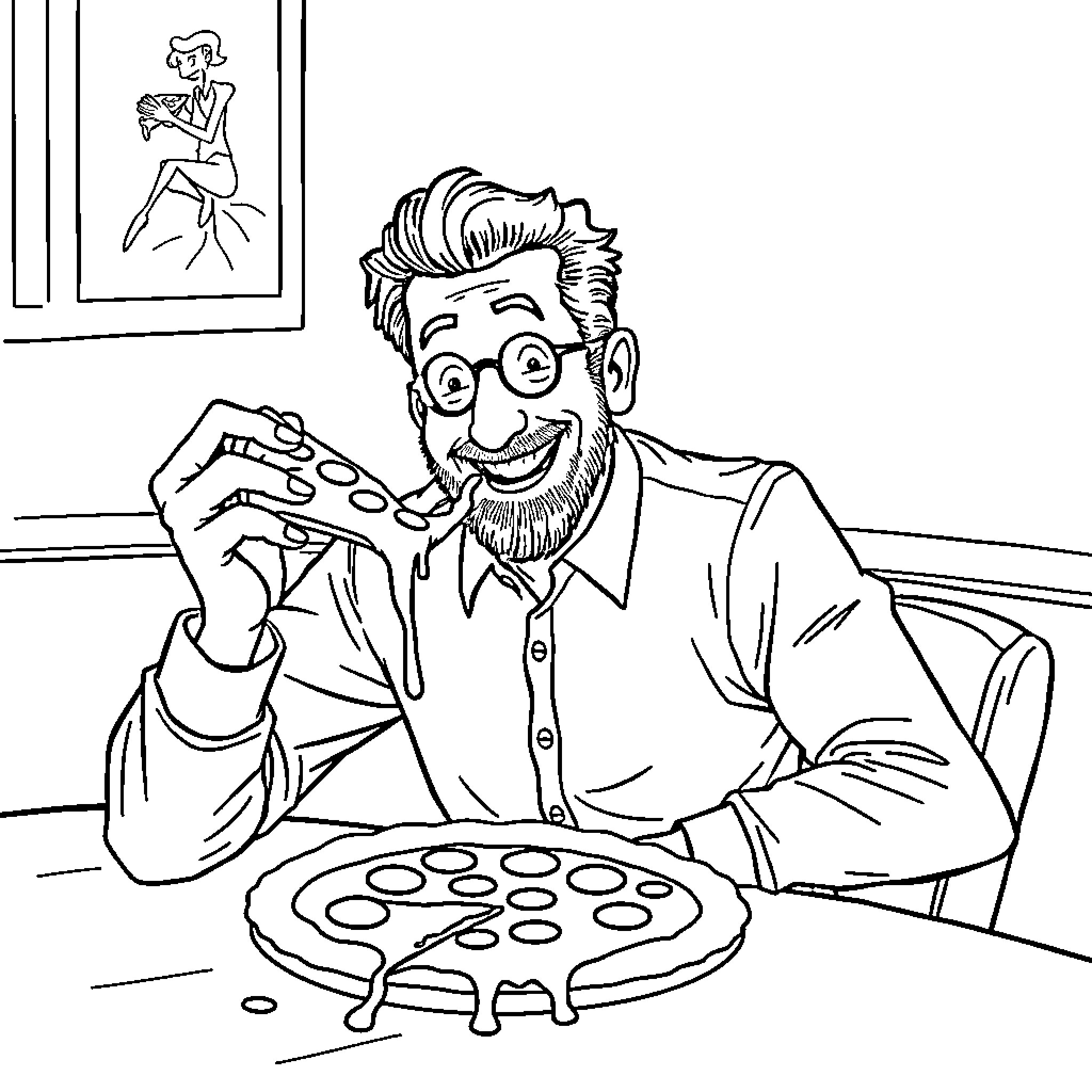 Eugene Levy enjoying a delicious pizza Coloring Page (free black-and-white line drawing printable PDF for all, from beginners to advanced learners, including children, teens, adults, and seniors)