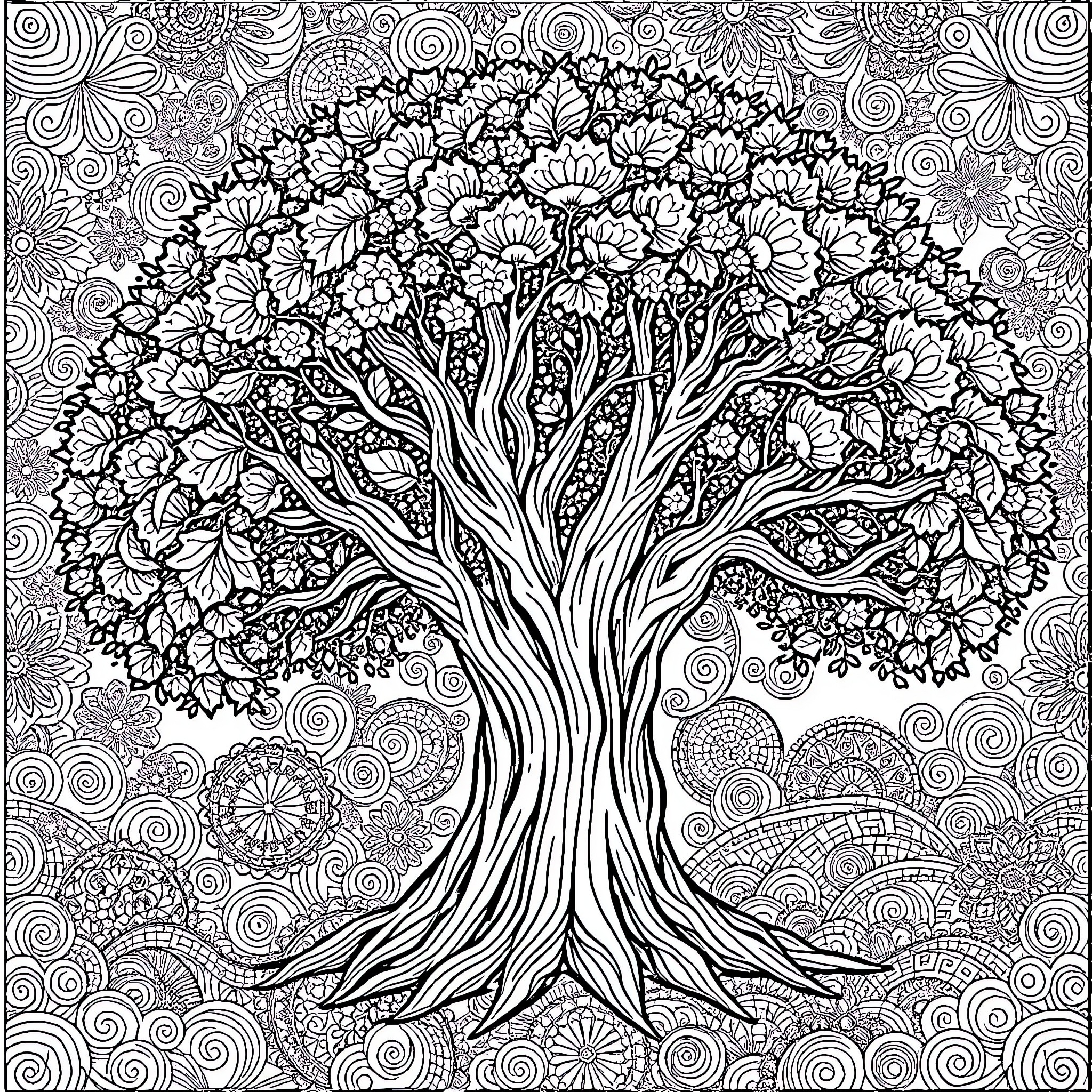 Oak Tree Flourishing in a Whimsical Garden Coloring Page (free black-and-white line drawing printable PDF for all, from beginners to advanced learners, including children, teens, adults, and seniors)