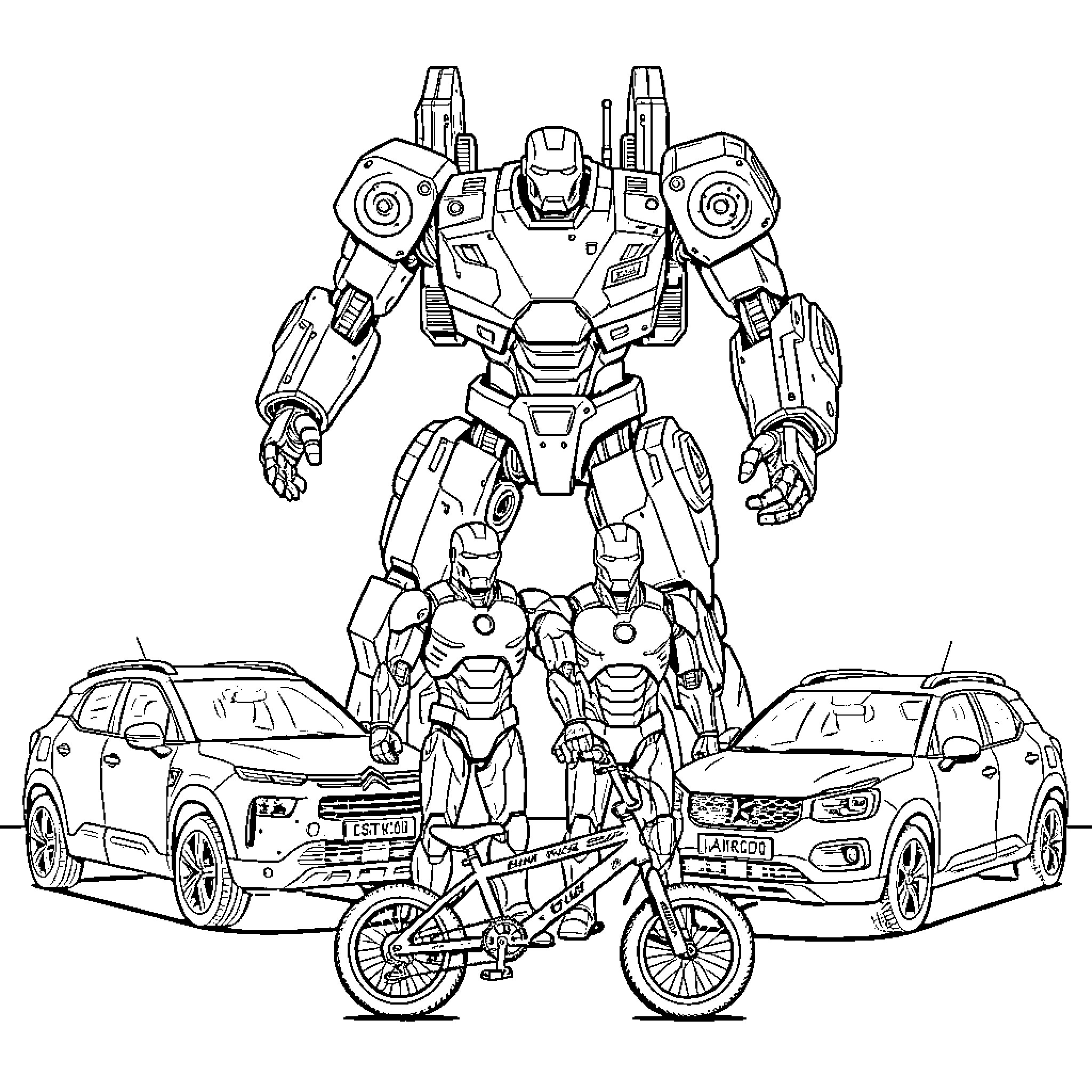 War Machine Assembling Futuristic Vehicles and Gadgets Coloring Page (free black-and-white line drawing printable PDF for all, from beginners to advanced learners, including children, teens, adults, and seniors)