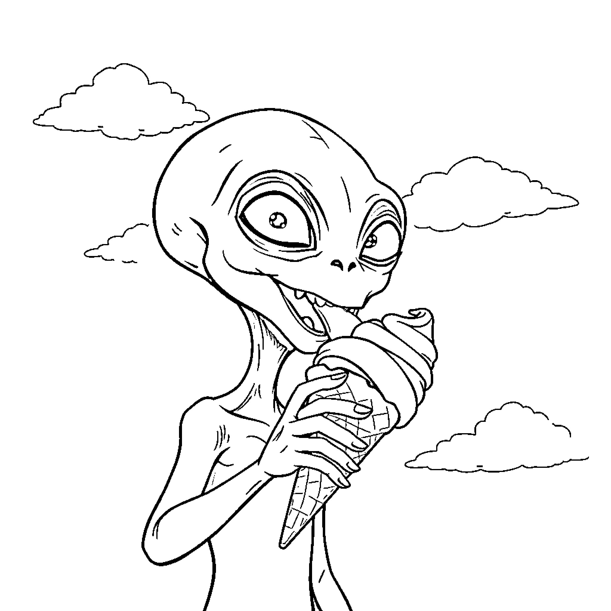 Alien enjoying a tasty ice cream treat Coloring Page (free black-and-white line drawing printable PDF for all, from beginners to advanced learners, including children, teens, adults, and seniors)
