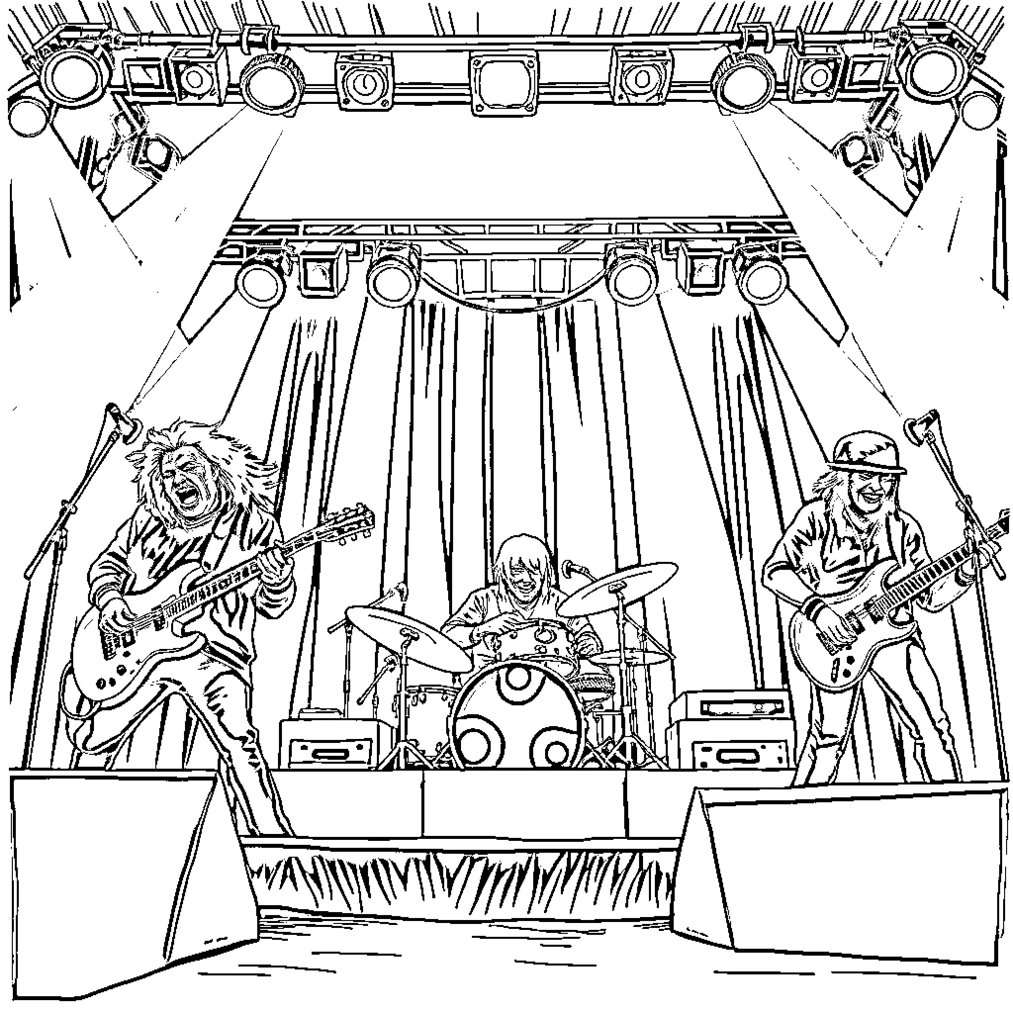 Band performing on stage with musical instruments Coloring Page (free black-and-white line drawing printable PDF for all, from beginners to advanced learners, including children, teens, adults, and seniors)